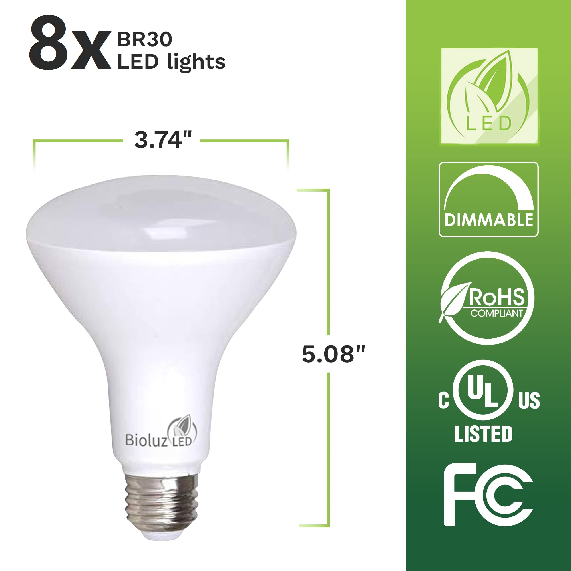 Bioluz LED BR30 Dimmable Bulbs, 8 Pack, 90 CRI, 2700K Warm White, 7.5W=65W, Indoor/Outdoor Flood