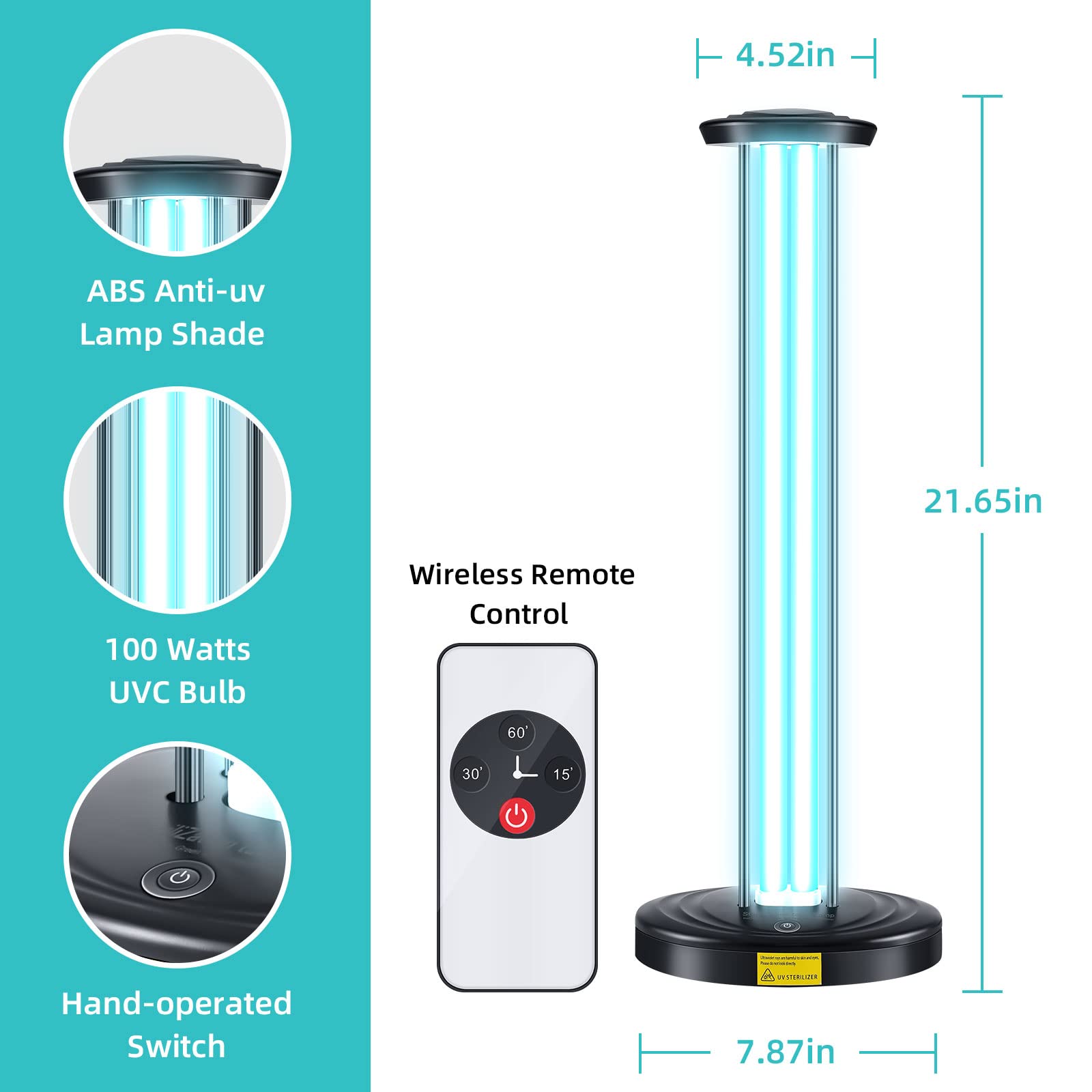 JTAPURE 100W UV Light with Ozone, Timer & Remote Control - Black, Mold & Dust Mite Eliminator, Model JTA-100WO