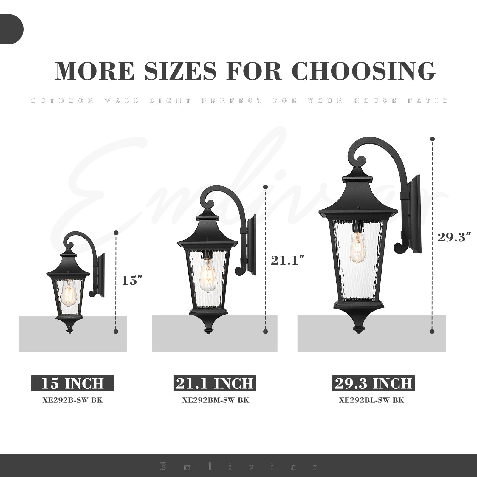 Emliviar 29.3" Waterproof Wall Sconce Light Fixture, Black Finish, Water Ripple Glass Shade, Large Size, Model XE292BL-SW BK