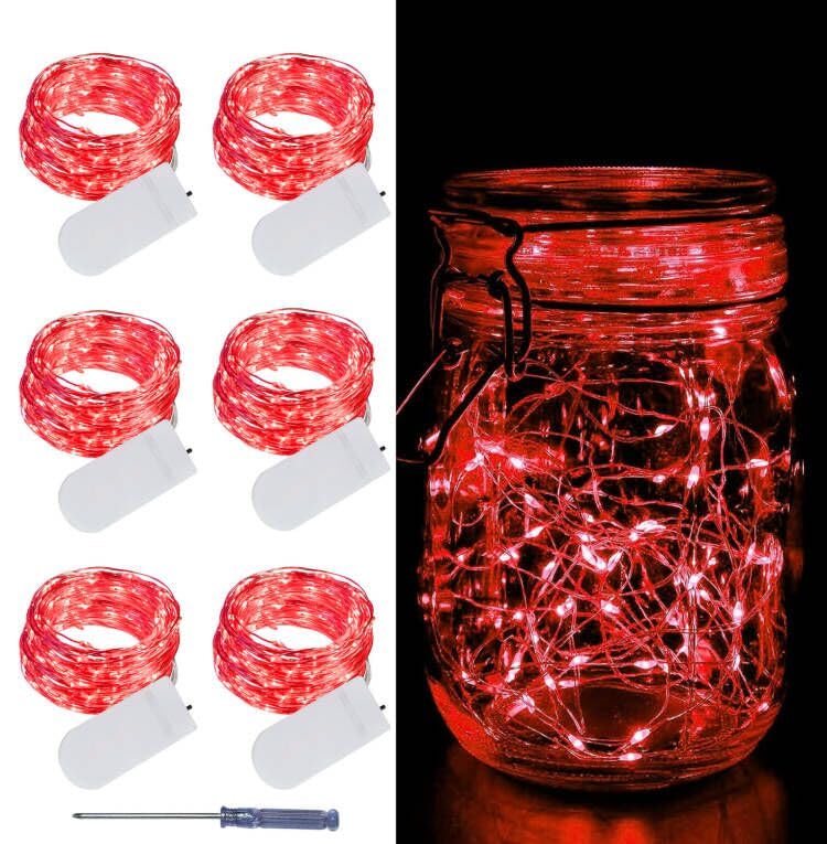 LAMPHOME 6 Pack Fairy Lights Battery Operated String Lights 6.6ft 20 Led Mason Jar Lights Waterproof Silver Wire Light Fireflies DIY Party Wedding Christmas Decoration(6 Pack,RED)