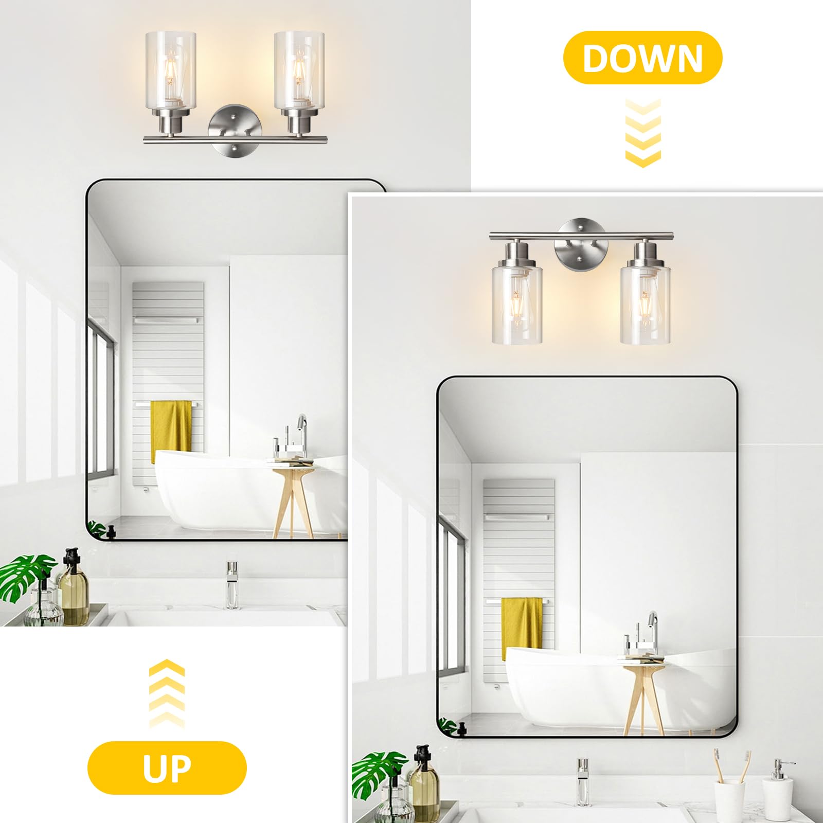 Unicozin 2 Light Vanity Lights, Matt Nickel Wall Sconce with Clear Glass, E26 Base, Bathroom Lighting Fixture