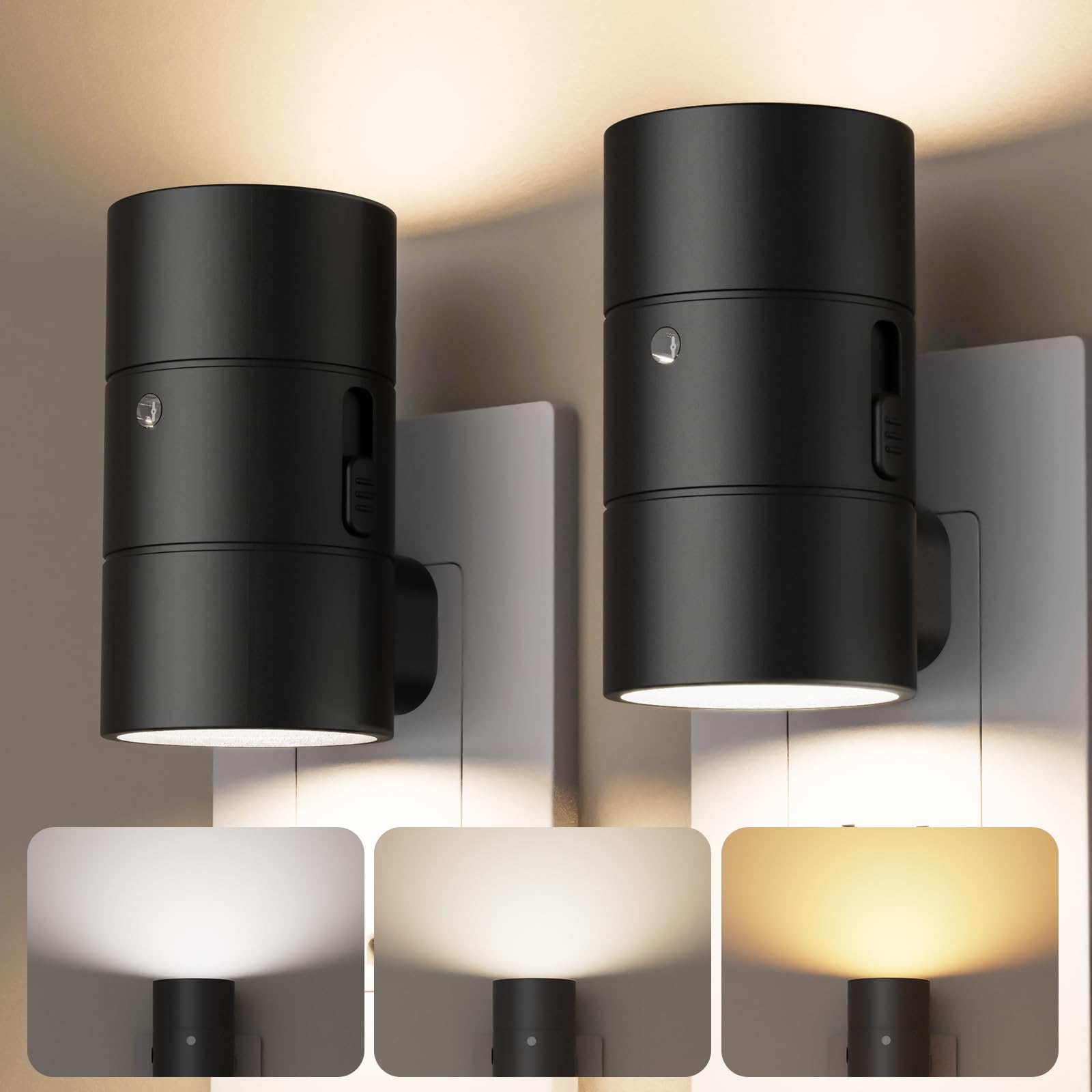 VOLISUN Dimmable LED Night Lights with Dusk to Dawn Sensor, 0-100LM, 3 Color Temperatures, 2 Pack, Black, Model LH-XYD001