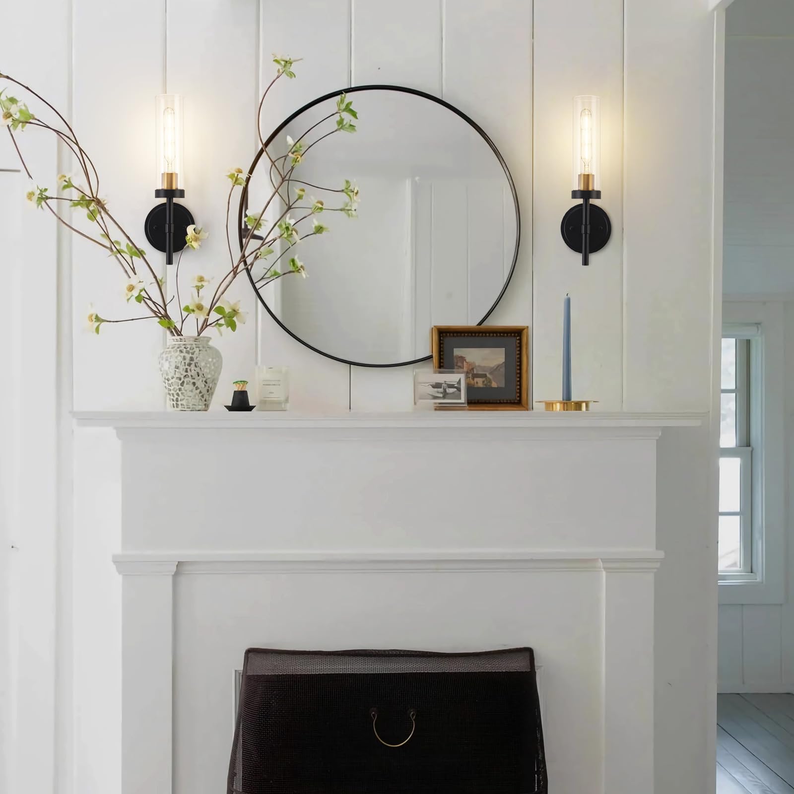 SANTOSTOCK Black and Gold Hardwired Wall Sconces, 2 Pack Clear Glass Modern Lighting for Bathroom, Bedroom, Living Room, Model SSW009B1-2