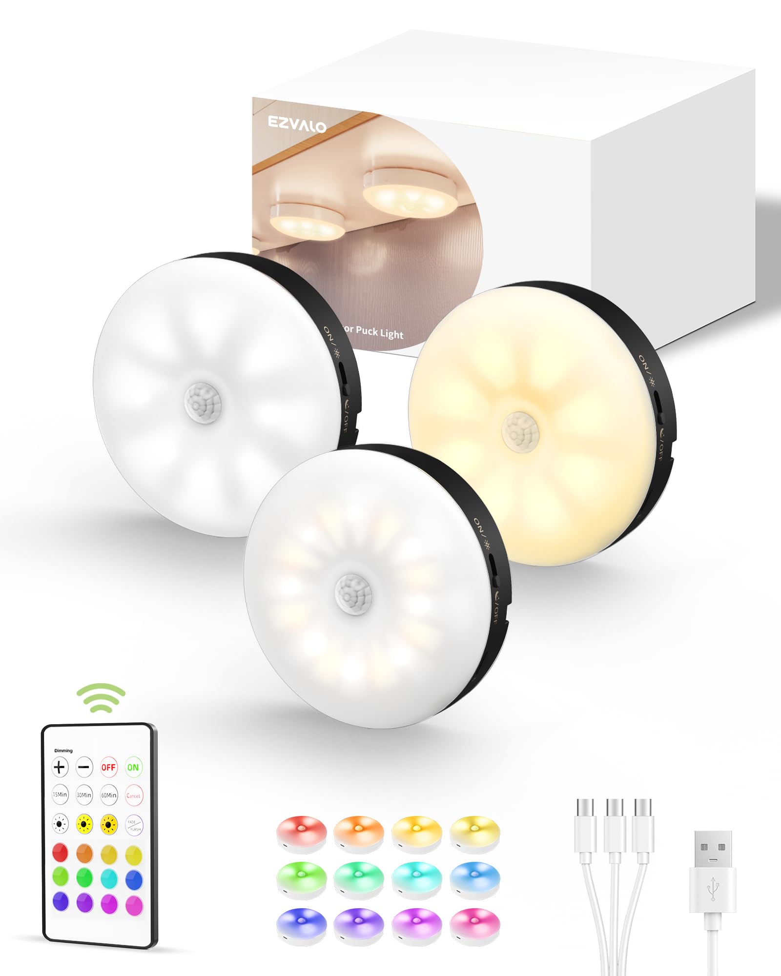EZVALO Under Cabinet Lighting,1000mAh Rechargeable Puck Lights with Remote,3 Color Temps & 12 RGB Motion Sensor Closet Lights In
