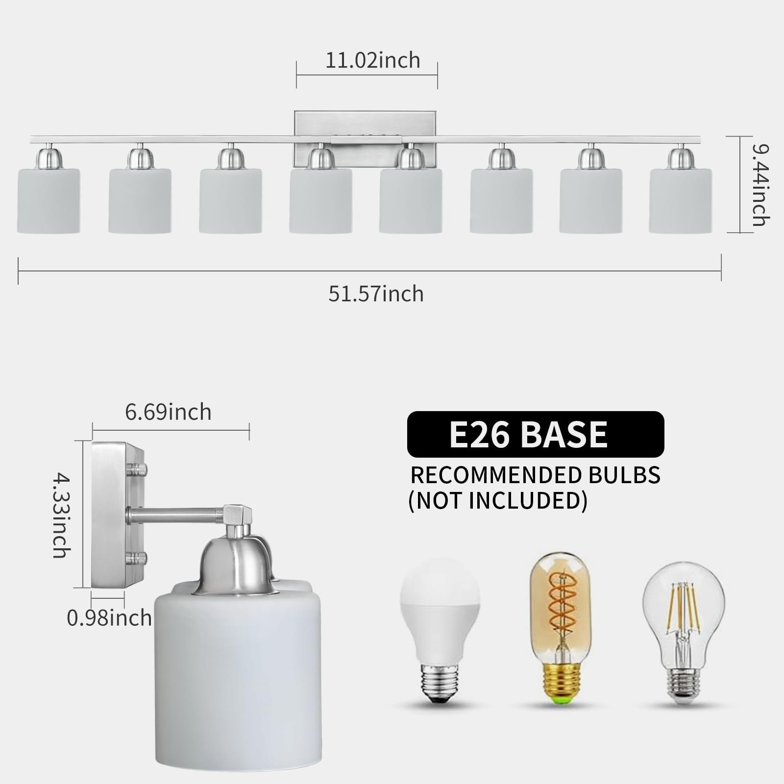 FAISHILAN 8-Light Brushed Nickel Bathroom Light Fixture with Frosted Glass Shades, 51" for Mirrors, Model FSL-212--NBN-8