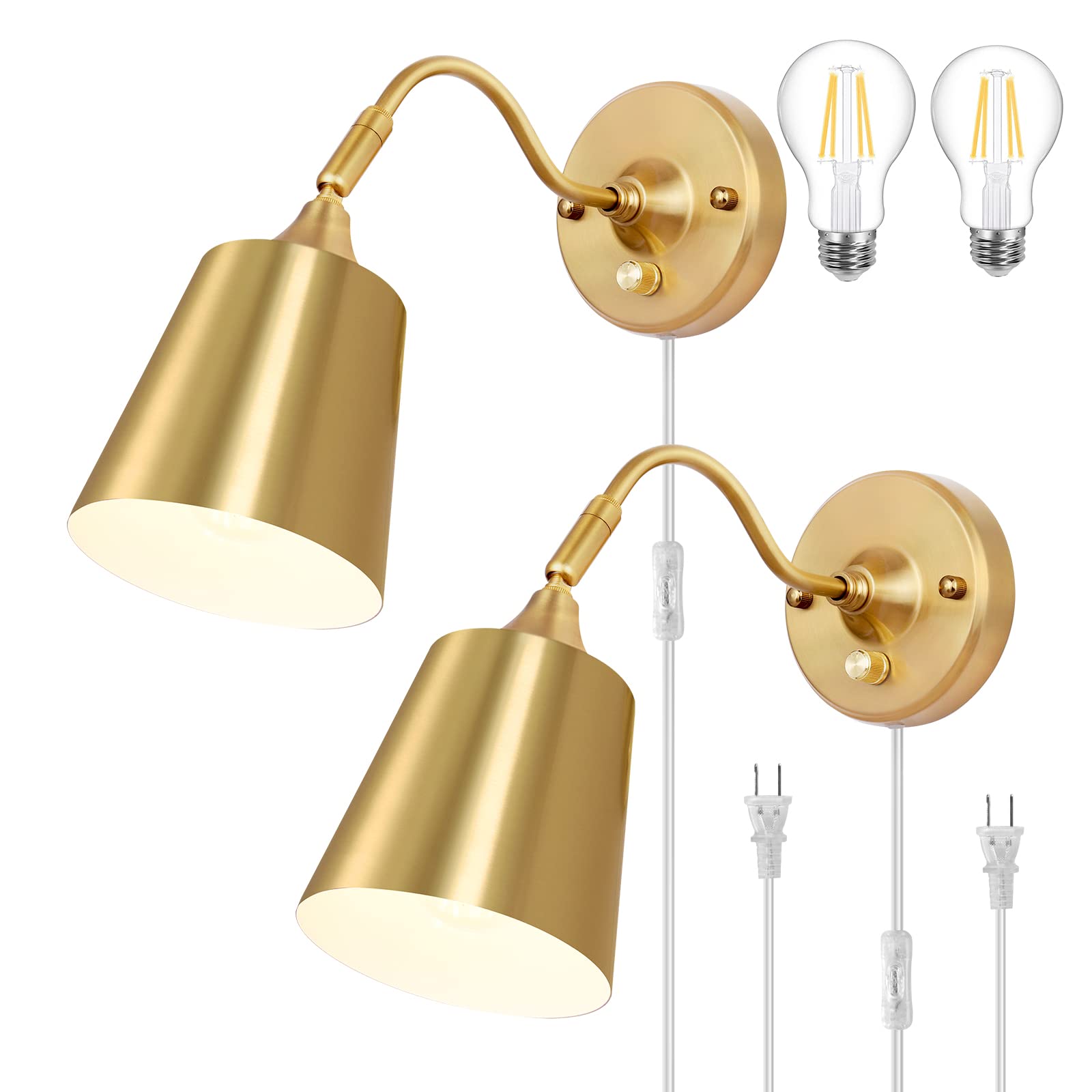 TRLIFE Wall Sconce Plug in, Dimmable Wall Sconces Adjustable Gold Wall Lights with Plug in Cord and Dimmer On/Off Knob Switch, W