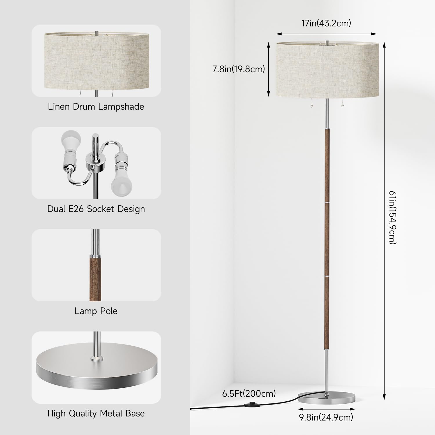 Karjoefar 2-Light Mid Century Floor Lamp with Beige Lampshade, Nickel Silver, 9W Bulb, Ideal for Living Room or Bedroom