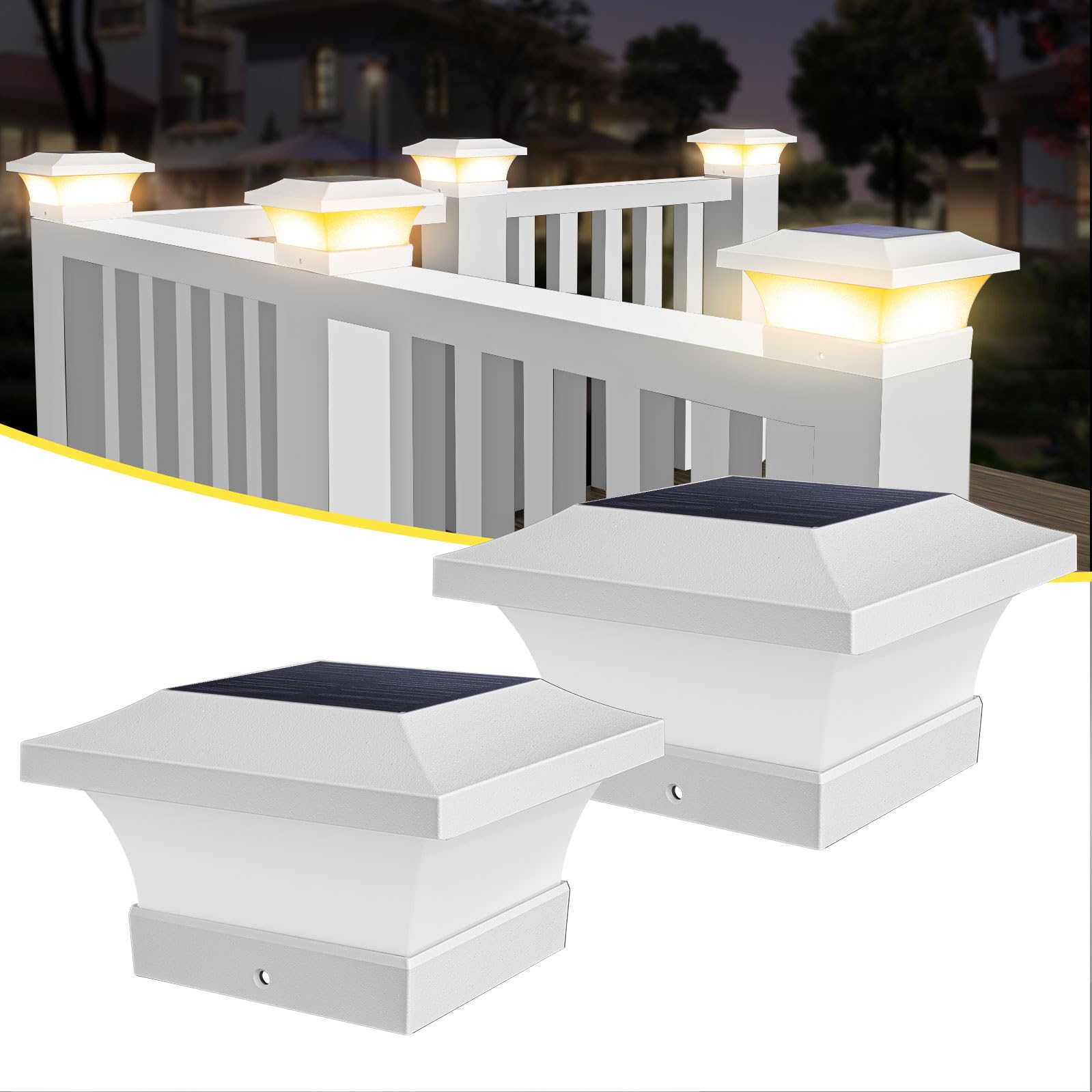 T-SUN Solar Post Cap Lights, Waterproof, 3000K Warm White, 2 Pack, for 4x4 Posts, Acrylic, White, Model TS-GL0403