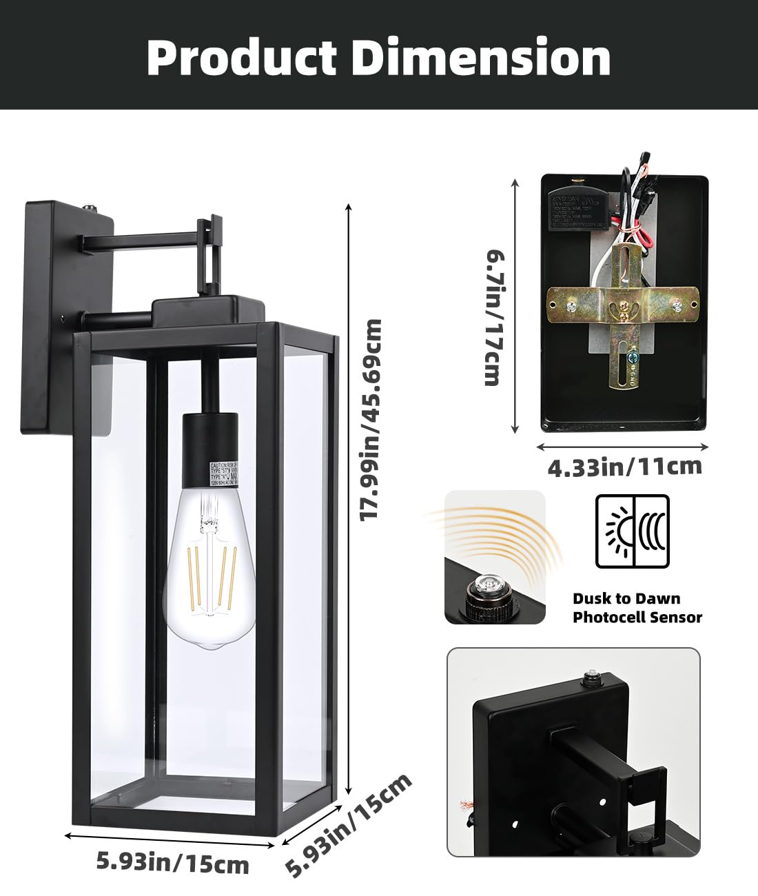 Faymart Dusk To Dawn Outdoor Wall Lantern, 18&quot; Sconce With Sensor, Metal Glass Shade, 1 Pack