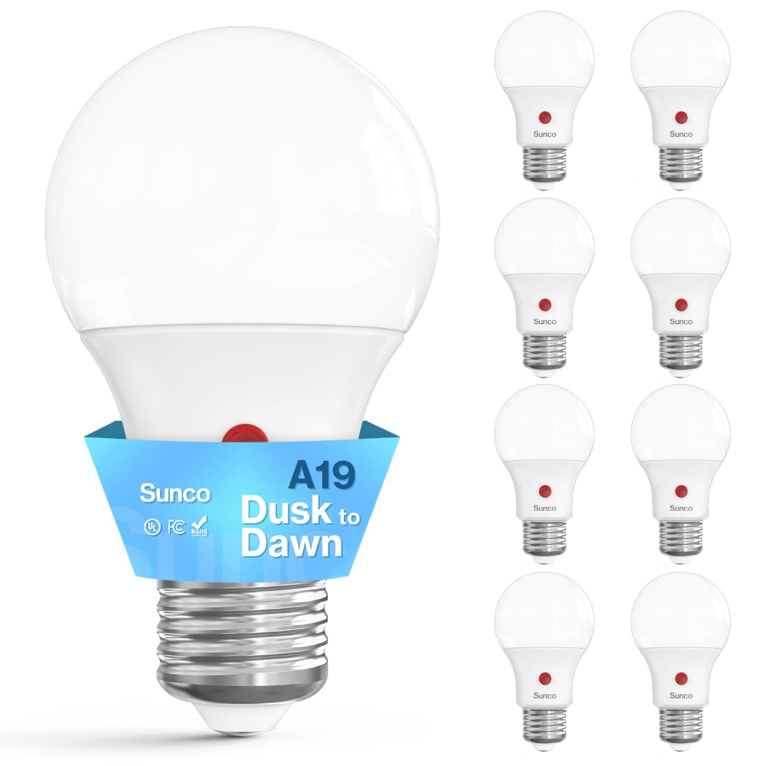 Sunco 8 Pack Dusk to Dawn LED Outdoor Light Bulb A19, Photocell Automatic for Exterior Lighting, 800 LM, 9W (60W Eqv.), 5000K Da