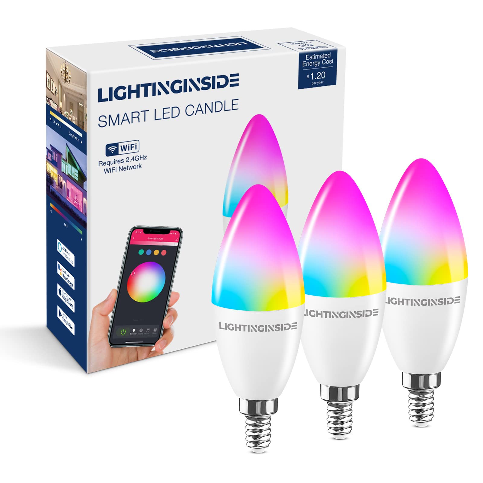 Lightinginside E12 Smart LED Bulbs, 60W Equivalent, 6W, 500lm, RGB, APP Control, 3 Count, 2700-6500K, Candel
