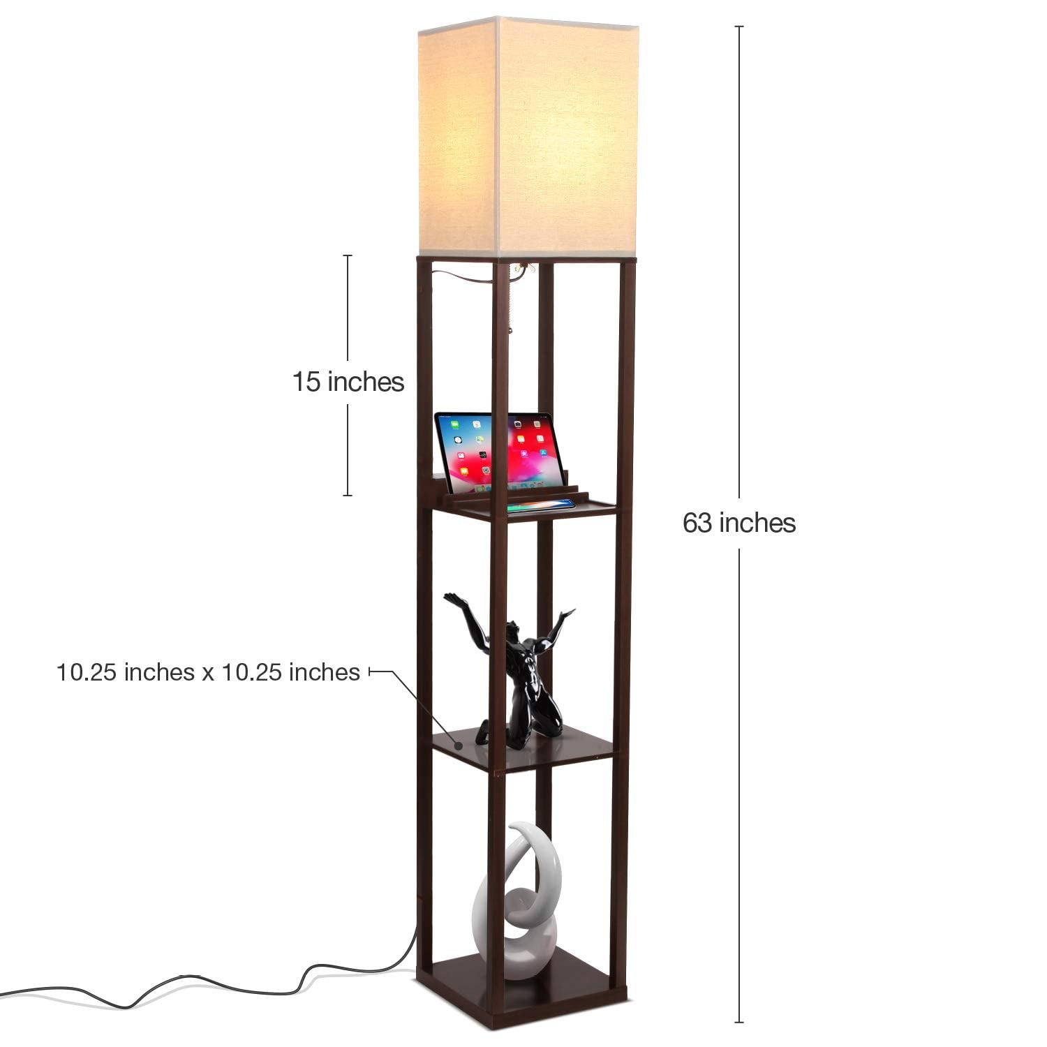 Brightech Maxwell Modern Shelf Floor Lamp with USB Ports & Outlet, Wood, Havana Brown, Model C3-7HW9-LHTV