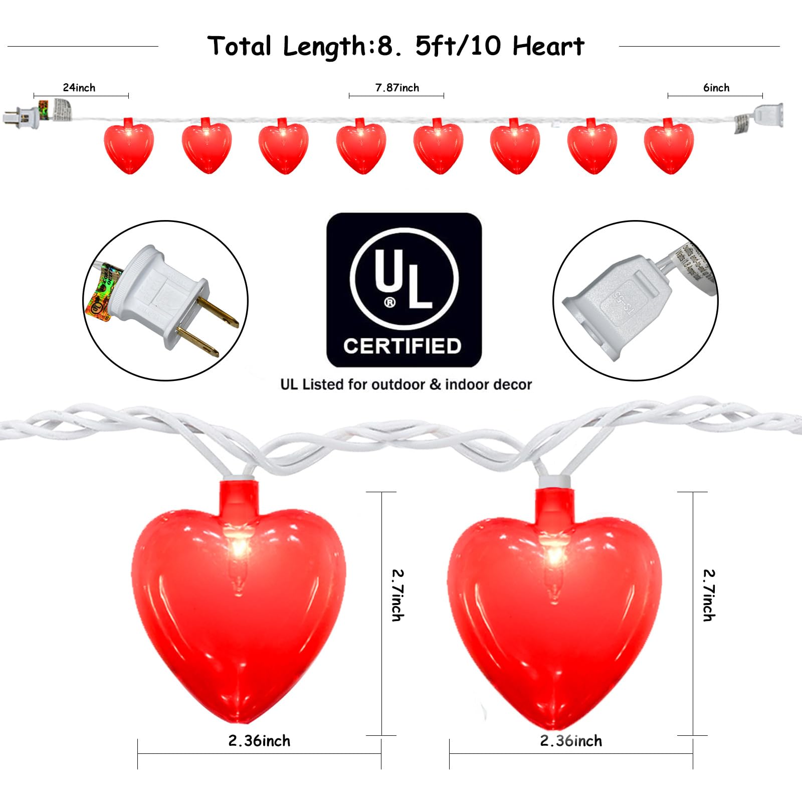 Red Heart String Lights,8.5Ft Valentines Day String Light With 10 Pack Red 3D Heart Lights,Heart Valentines Lights For Propose Wedding Anniversary Valentines Mother'S Day Decor
