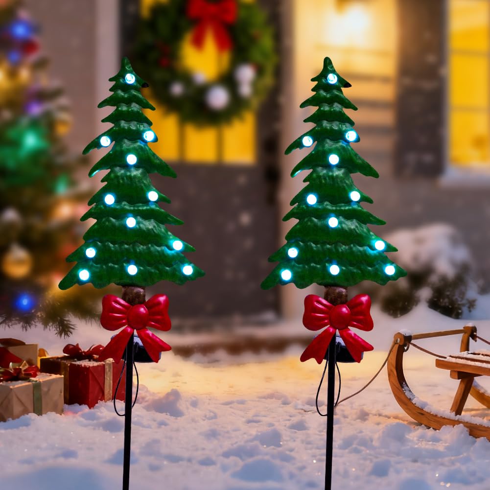 Venniy Solar Christmas Tree Garden Stake Lights 2 Pack,Outdoor Xmas Pathway Lights Christmas Decorative Yard Stake Decor for Gar