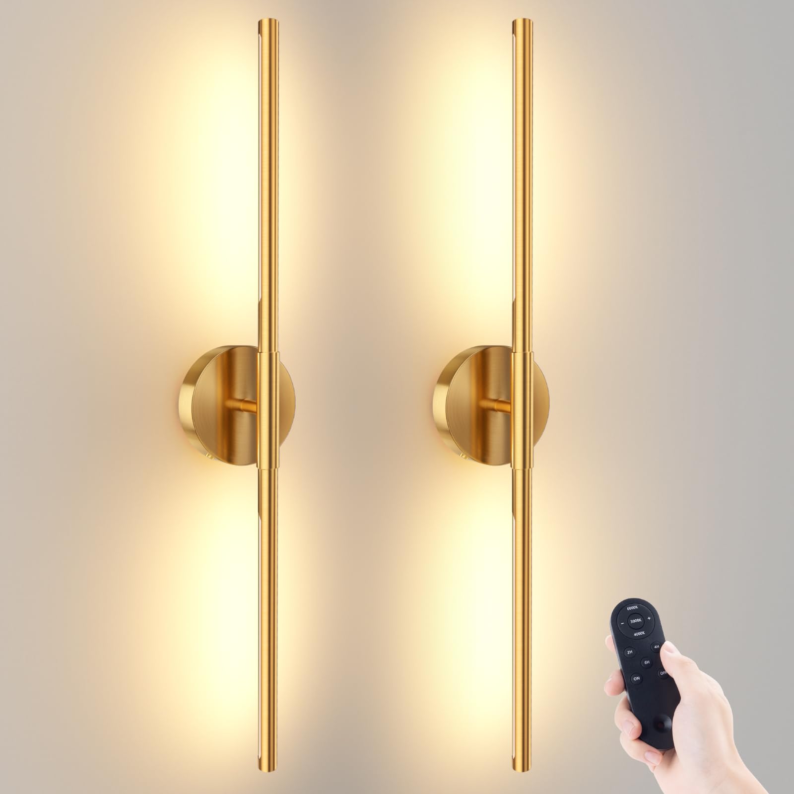 JOFIOS Wall Sconces Set of 2, 360° Rotation, Dimmable, Wireless Rechargeable, 27.6 Inch, Gold, Model JFS61244