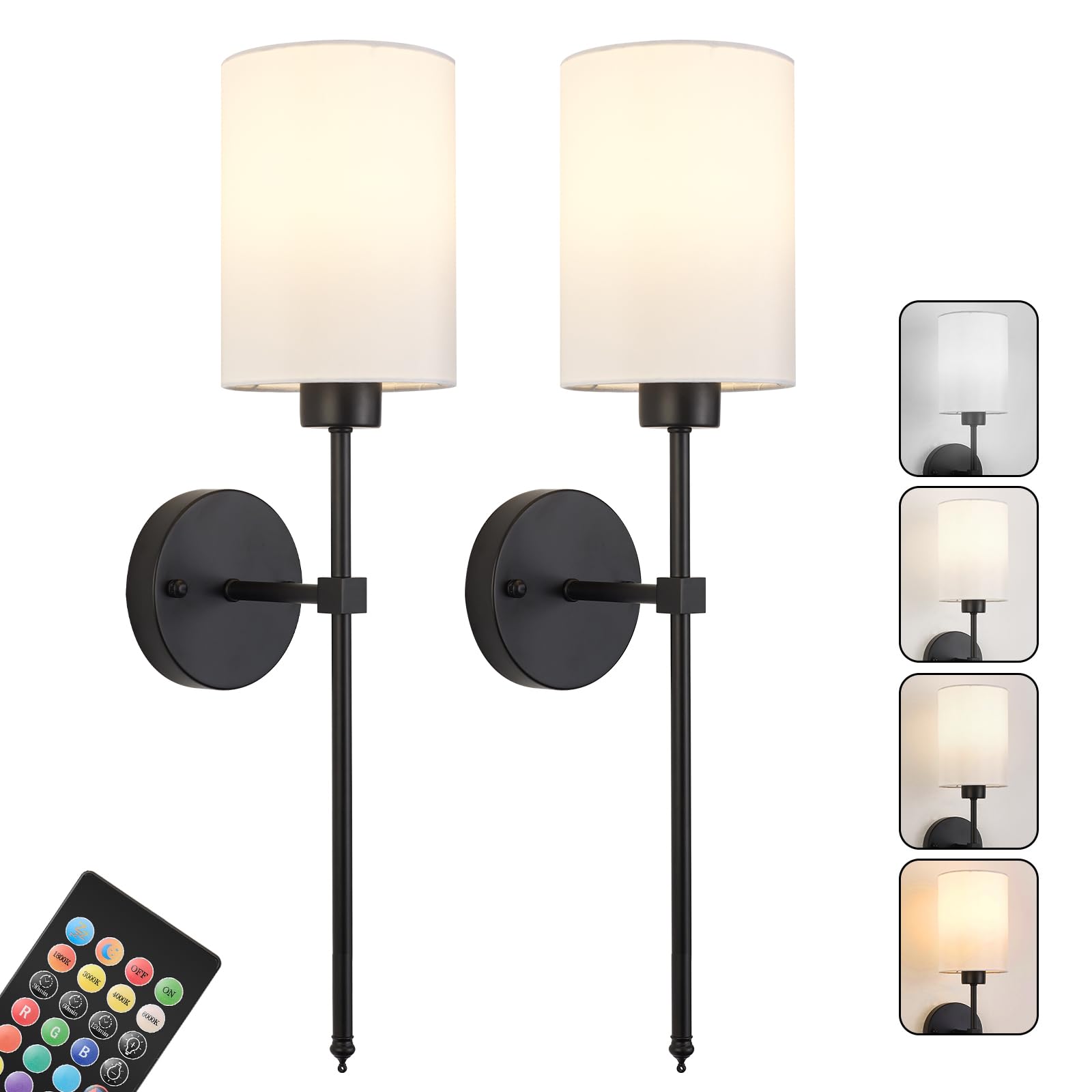 KARTOOSH Battery Operated Wall Sconce Set of Two, Dimmable, 1800K-6000K, 26.8 Inch, Black, Wireless with Remote Control, Model