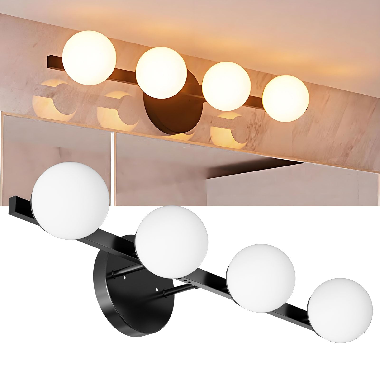 Lightdot 26'' 4-Light Modern Bathroom Vanity Light | Matte Gold Straight Frame With White Globe Water/Shatterproof Shades | Dimm