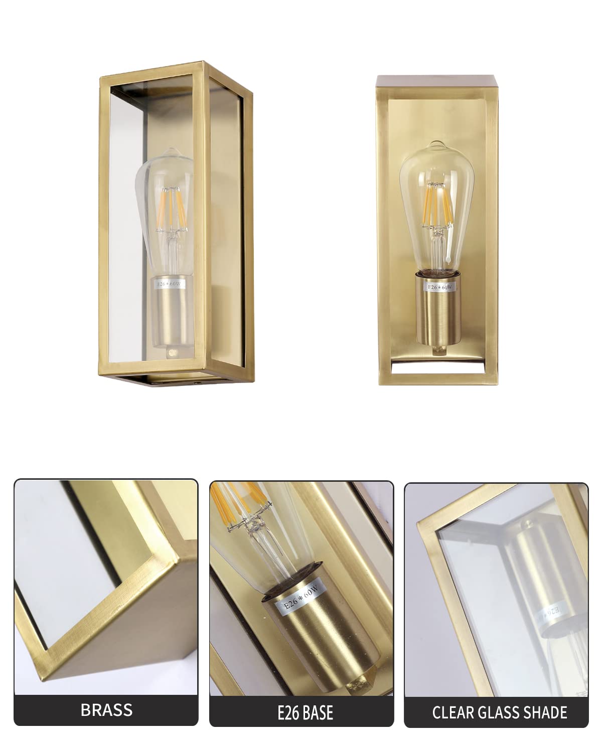 Boca Do Lobo Outdoor Wall Lights, Exterior Waterproof Wall Sconce Light Fixture, Brushed Brass Frame With Clear Glass Shade For Porch, Entryway, Front Door, E26 Base(Bulb Not Included)