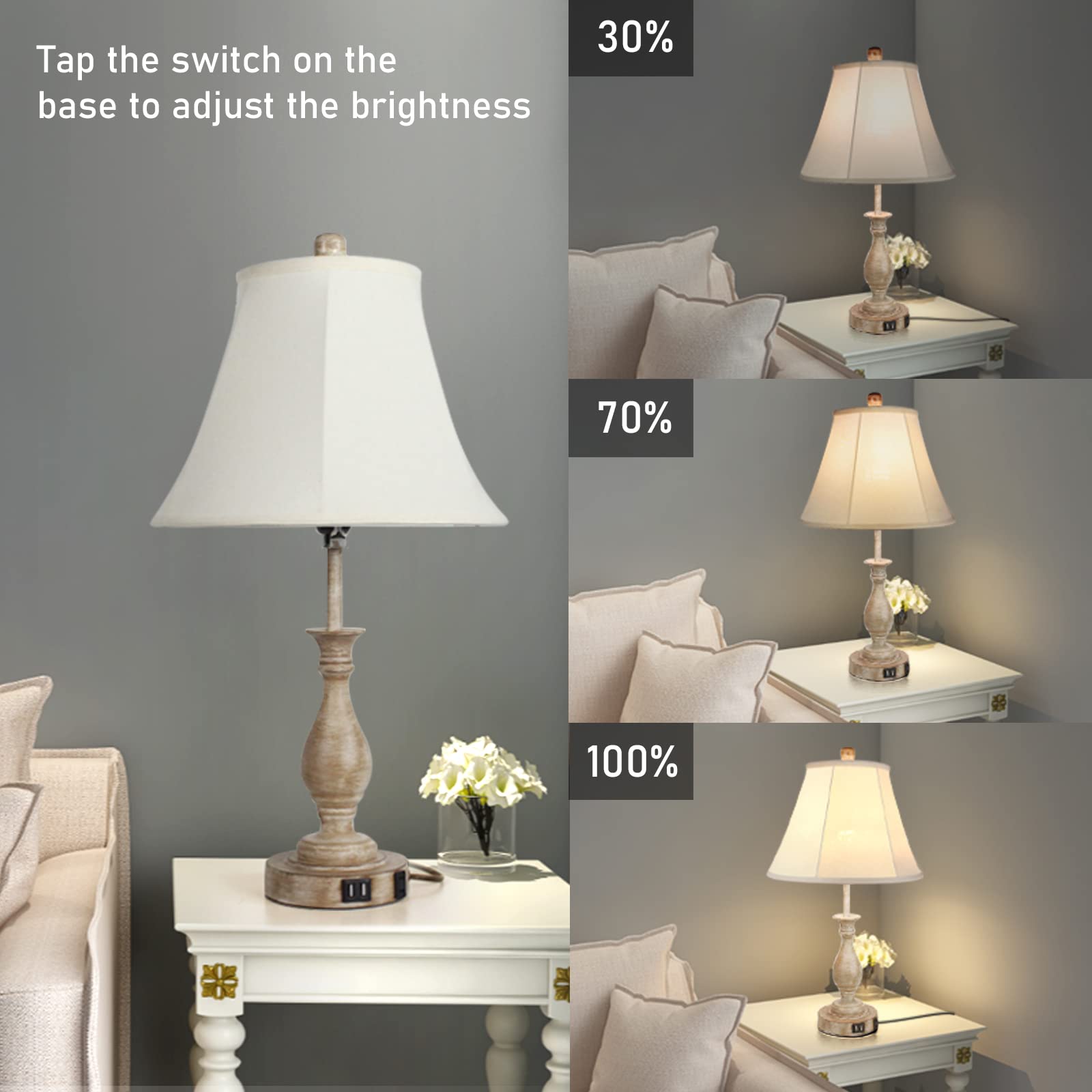 LALISU Farmhouse Table Lamp - Touch Control 3-Way Dimmable, 2 USB Ports, Fabric Shade, Multicolor, Pack-01