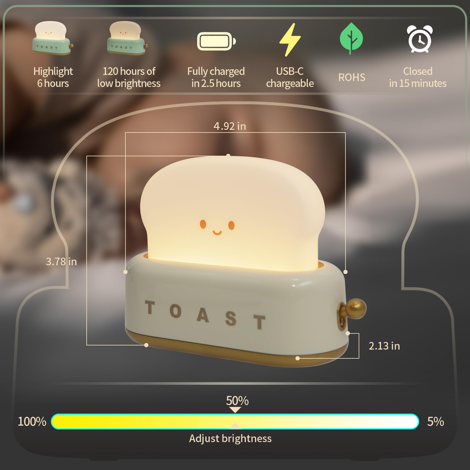 BANDIANCY Cute Kids Night Light, LED Dimmable Rechargeable Toast Design, Model BD-NL-16, Yellow Toast Color