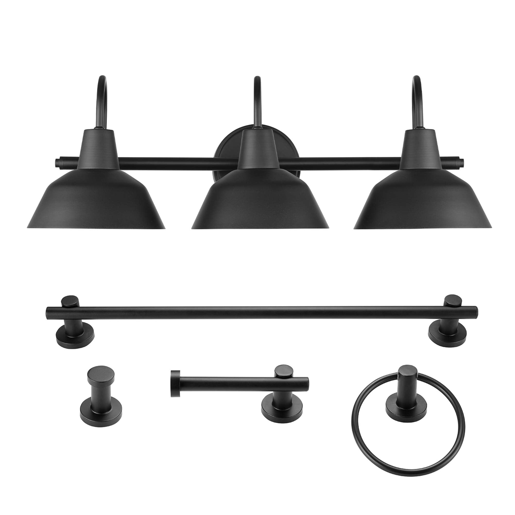 Globe Electric 51710 Bathroom Accessory Set, 5-Piece, Matte Black, Metal, Includes Vanity Light, Towel Bar, Towel Ring, Robe Hook, Toilet Paper Holder