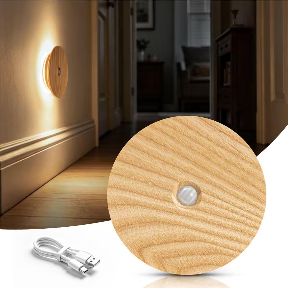 Vadifula Motion Sensor Night Light Wood, Rechargeable Battery-Powered Magnetic Stick-On Night Light Wall Light for Indoor Stairs