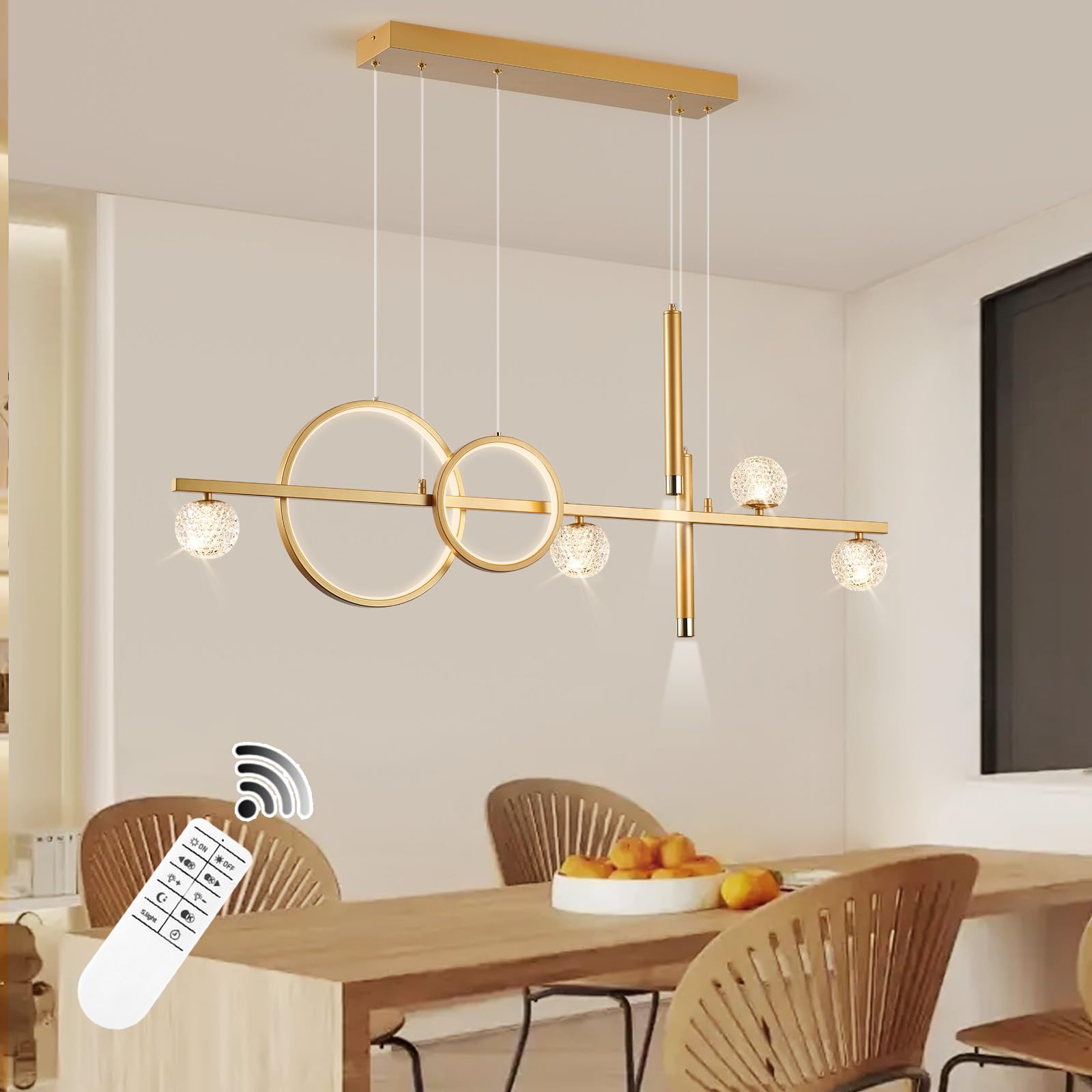 ORANOOR 47in Gold LED Chandelier, Dimmable Modern Pendant Light for Dining Room, Kitchen Island, Model 8856-Gold