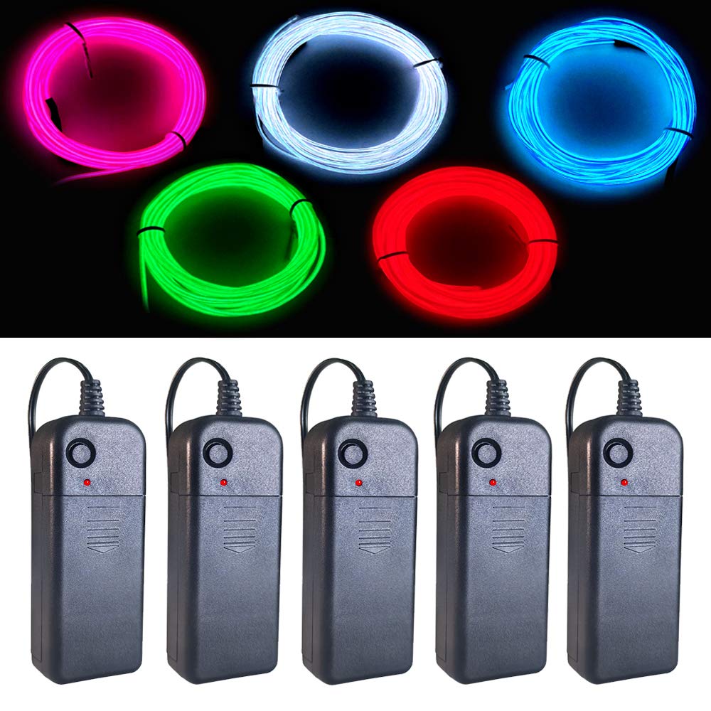 Maxlax El Wire 5 Pack, 9Ft Neon Light Wire Noise Reduction With Battery Pack(Green, Blue, Red, White, Pink)… (9Ft)