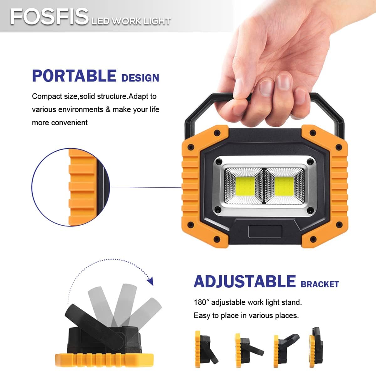 FOSFIS Rechargeable Work Light 30W 1500 Lumens LED Battery Operated Portable Flood Light 2-Pack Yellow