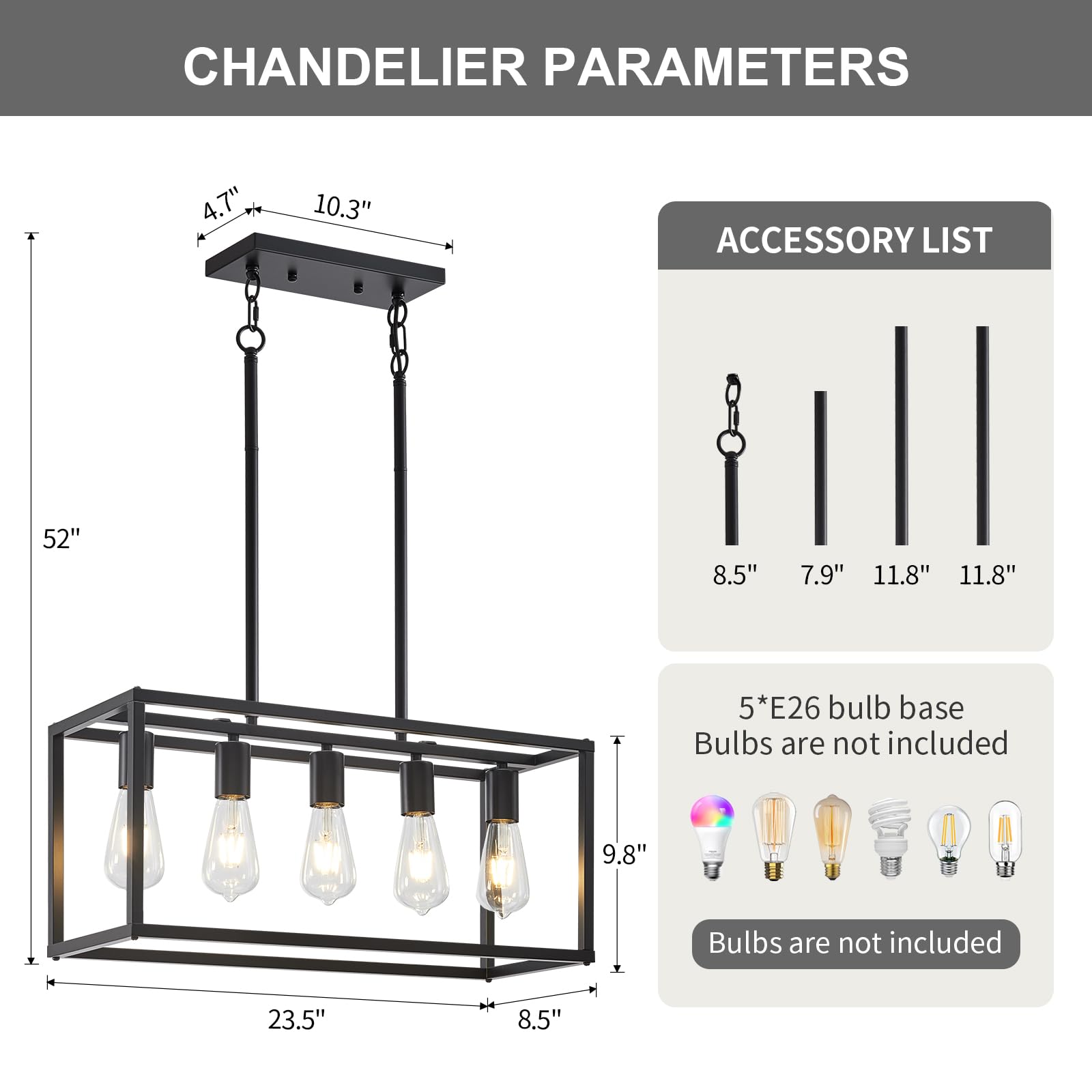 Lanhall 5-Light Kitchen Chandelier, Black Metal Pendant Light Fixture, Adjustable Height, Model 500-100-1029