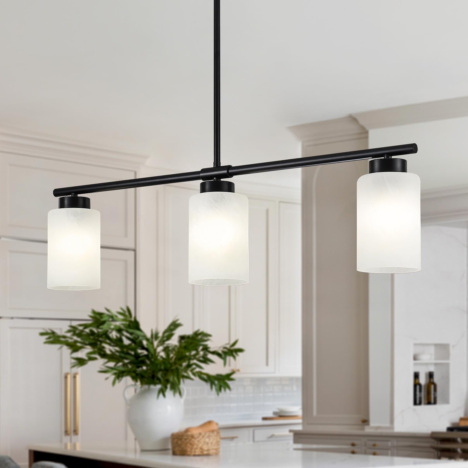 31 Kitchen Island Lighting 3 Light Black Pendant Light for Kitchen Island with Milk Glass Shade Modern Linear Chandelier Adjusta