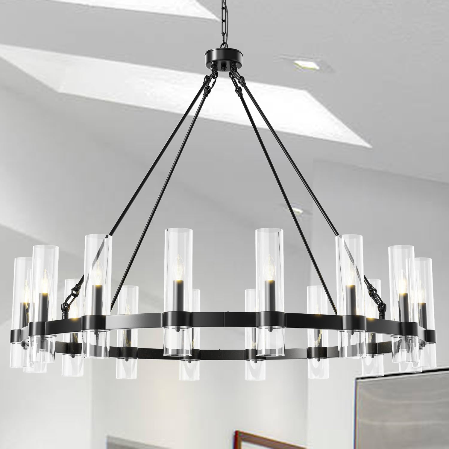 JKLX 48 Inch Black Wagon Wheel Chandelier, 16 Lights, Glass Shade, Model BOLI-1.1-1.2-1.35