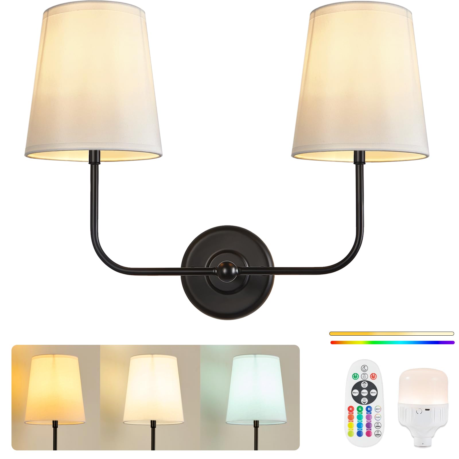 PASSICA DECOR Double-Headed Wall Sconce, Rechargeable, Remote Controlled, Dimmable, Metal, Battery Operated-Black, Model U701-01-DP