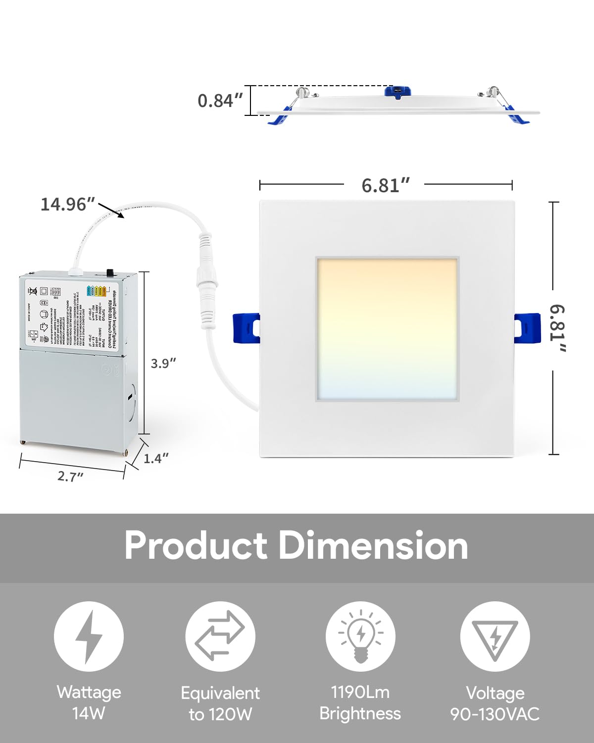 Adetu 6 Inch Square LED Recessed Lighting, Dimmable 5CCT, 14W, ETL Certified, White - 1 Pack