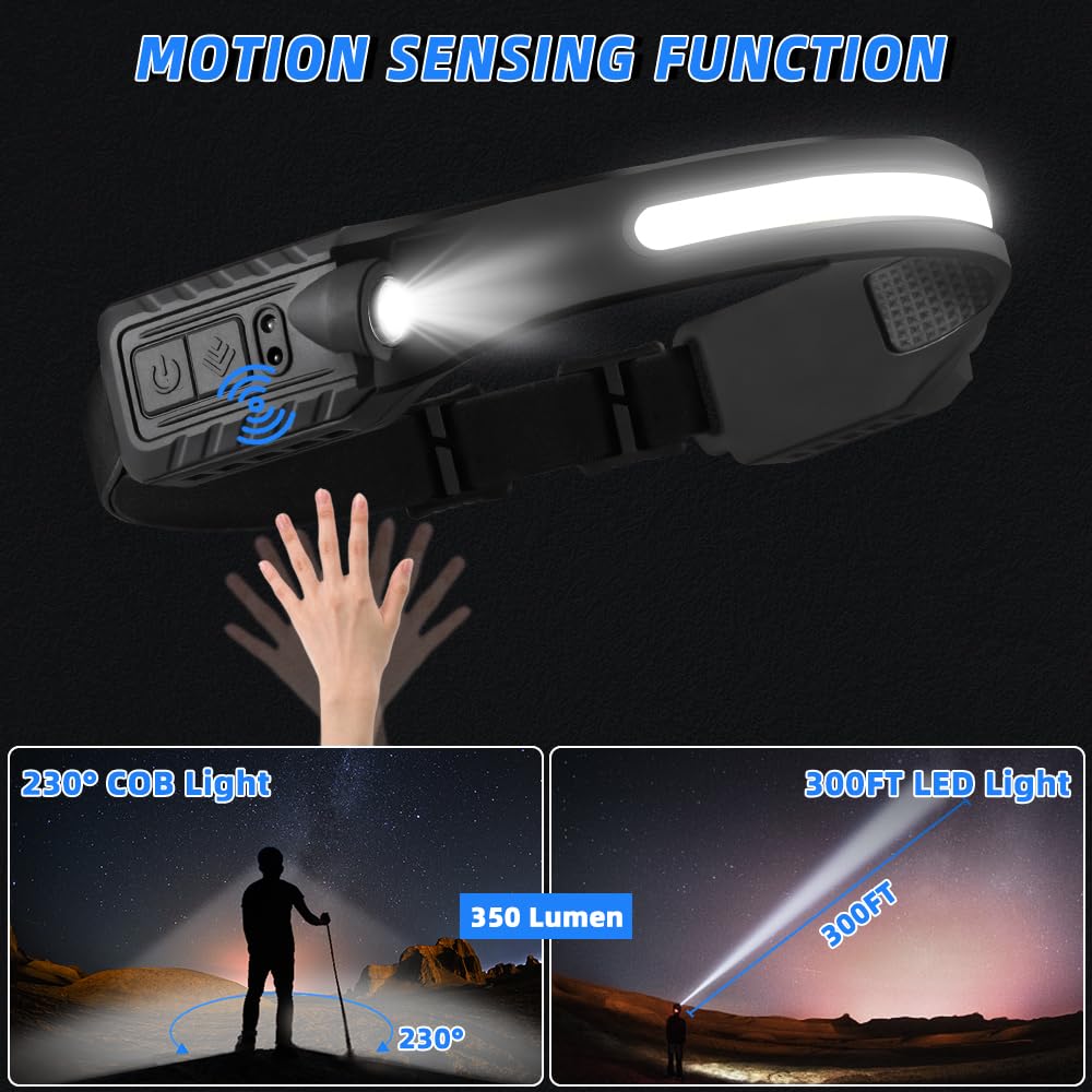 Rechargeable Headlamp With 2 Spotlights, 3Pack Led Headlamp, 230° Wide Beam Head Lamp, Motion Sensor Headlight, 5Mode Head Lights For Forehead Waterproof, Headlamps For Adults Hard Hat Running Camping