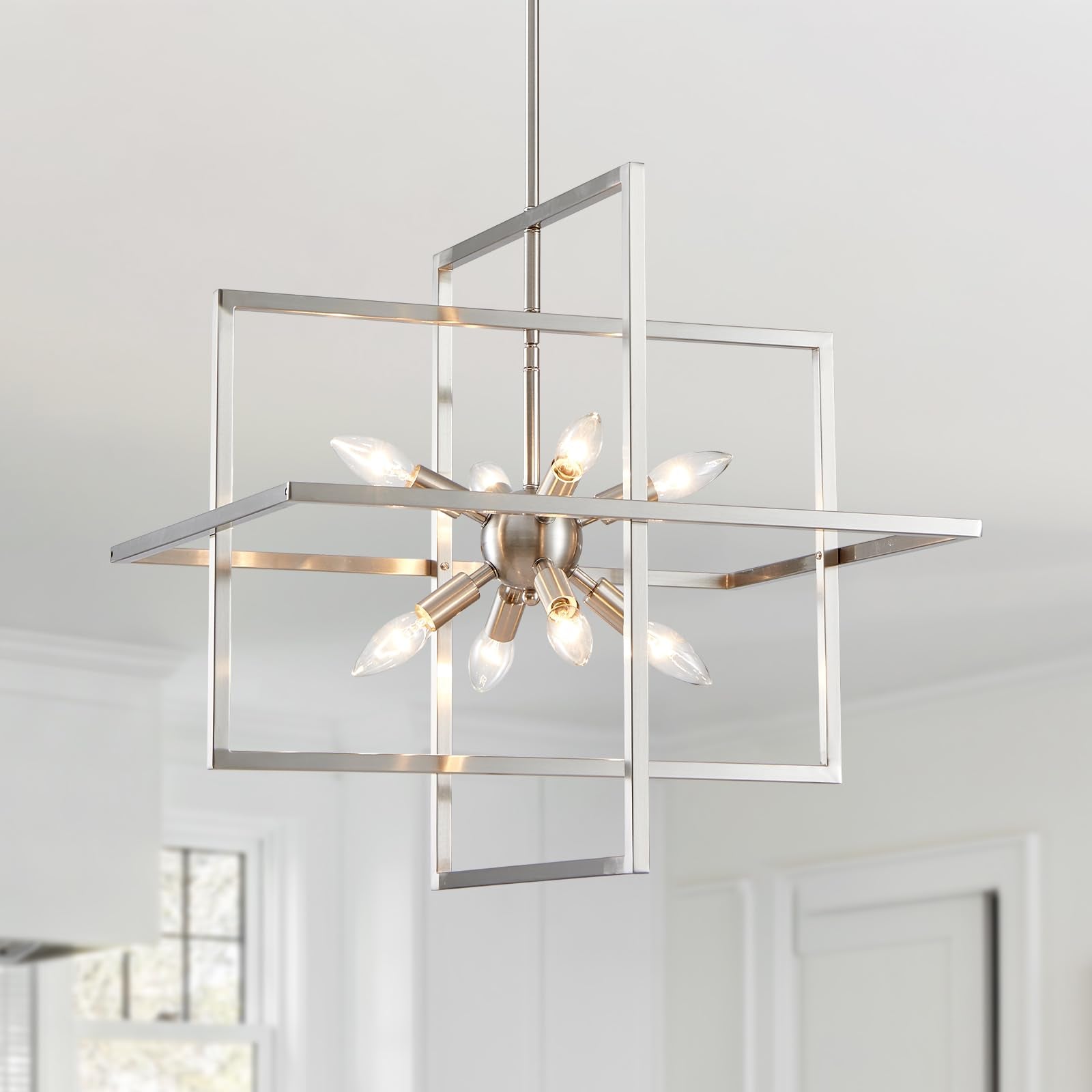 XINGQI Brushed Nickel Chandelier 8 Lights Modern Geometric Pendant Lighting Fixture Farmhouse Chandelier for Dining Room Kitchen