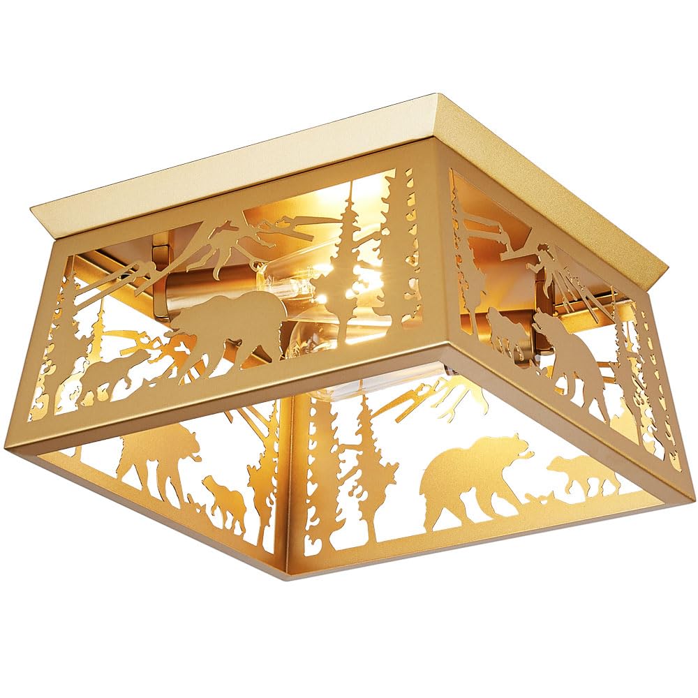 Gold Bear Lamp, Log Cabin Semi Flush Mount Ceiling Light Rustic Modern Farmhouse Golden Bear Light for Bedroom Entryway Living R