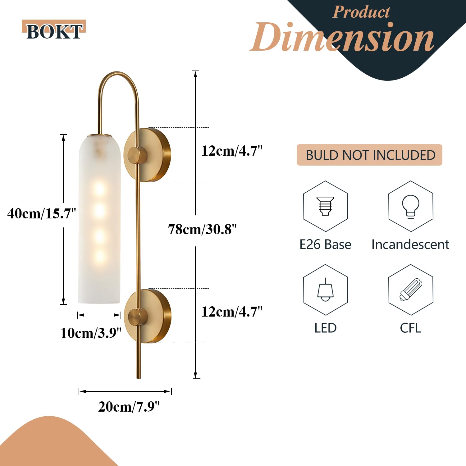 BOKT Mid Century Modern Wall Sconce, 1-Light Brushed Gold Metal, White Glass, Model L0293E01W, Ideal for Bathroom Vanity