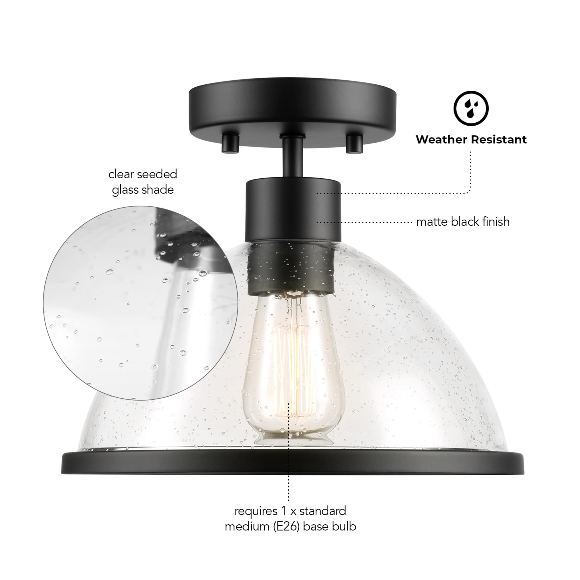 Globe Electric 1-Light Outdoor Flush Mount Ceiling Light, Matte Black, Seeded Glass Shade, Weather Resistant, Model 60000121