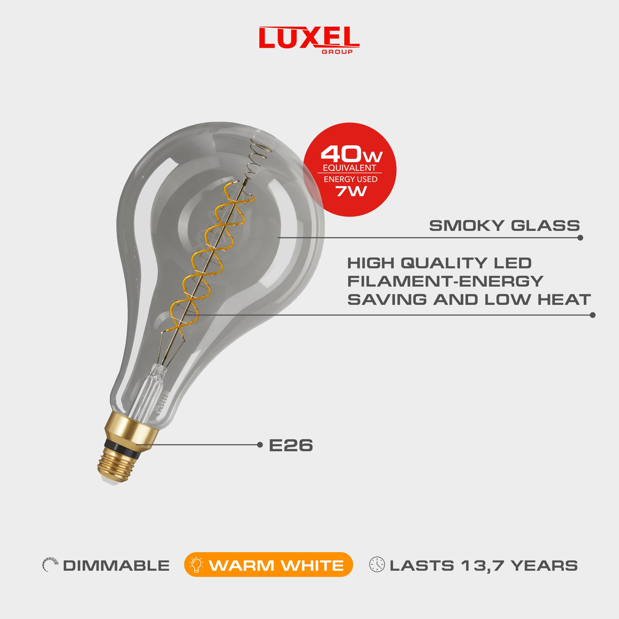 Oversized Edison LED Light Huge Bulb Vintage PS52(PS160) 7W Equivalent 40W - Dimmable 2200K Warm Glow 400 Lumens E26 Base - Larg