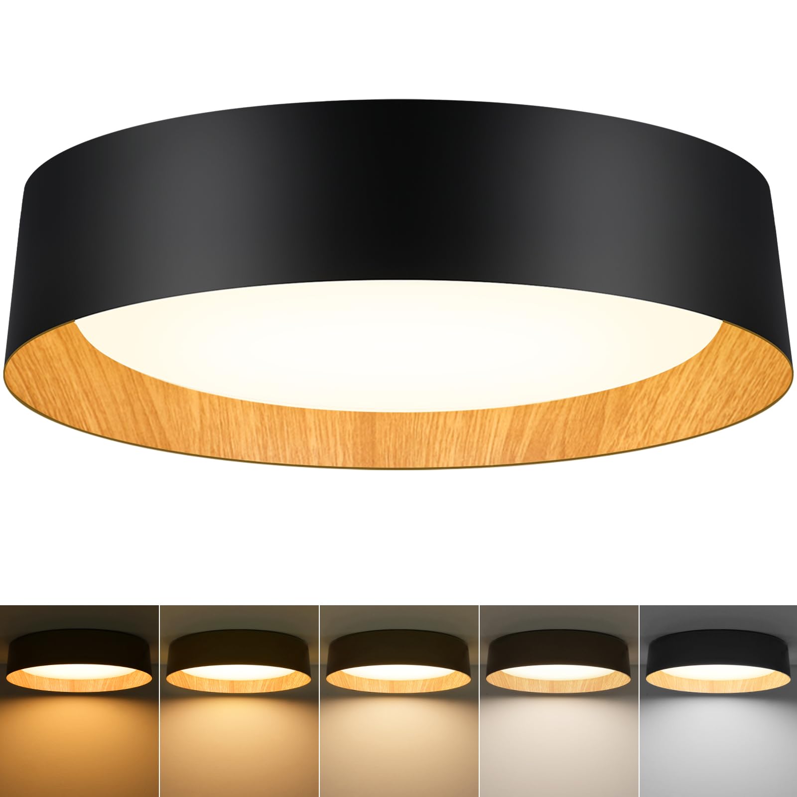 BrightHome LED Ceiling Light Fixture, 16in, Dimmable, 3000LM, 30W, 5CCT (2700K-6000K), Black and Wood,