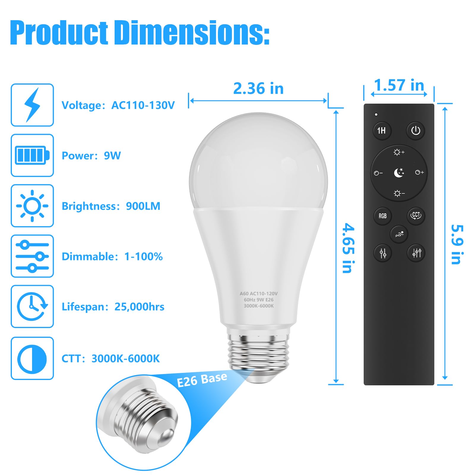 MXhme A19 LED Light Bulbs, 800LM 9W, Stepless Dimmable 3000K-6000K, E26 Base, 2 Bulbs & 2