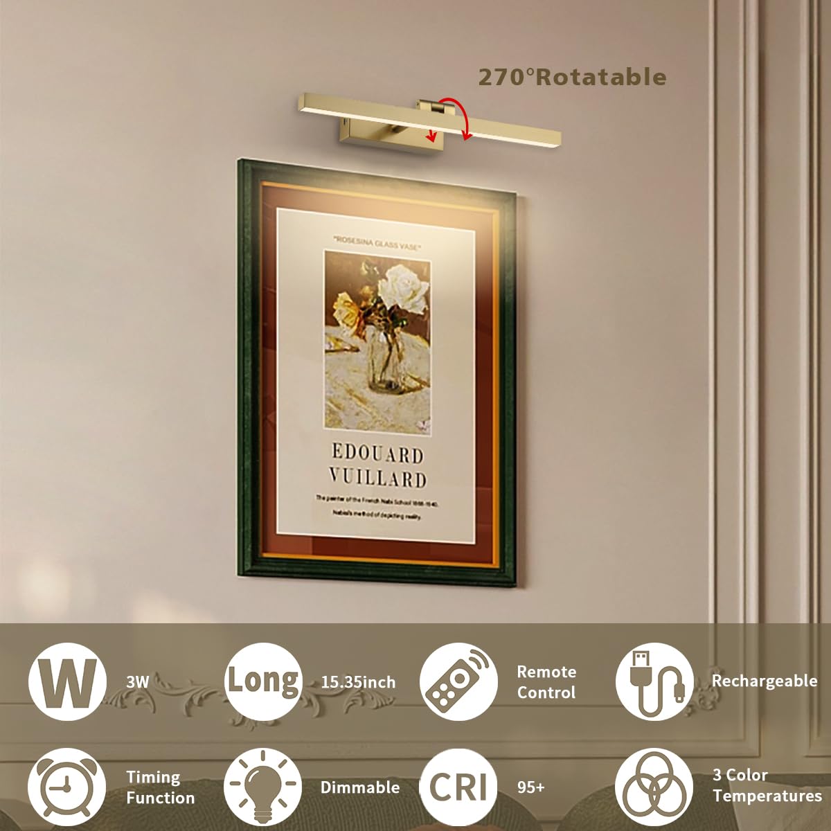 Joosenhouse Battery Operated Picture Light, Wireless Remote Control, Dimmable, 23.6 Inch Brass Wall Sconce, Model 7525