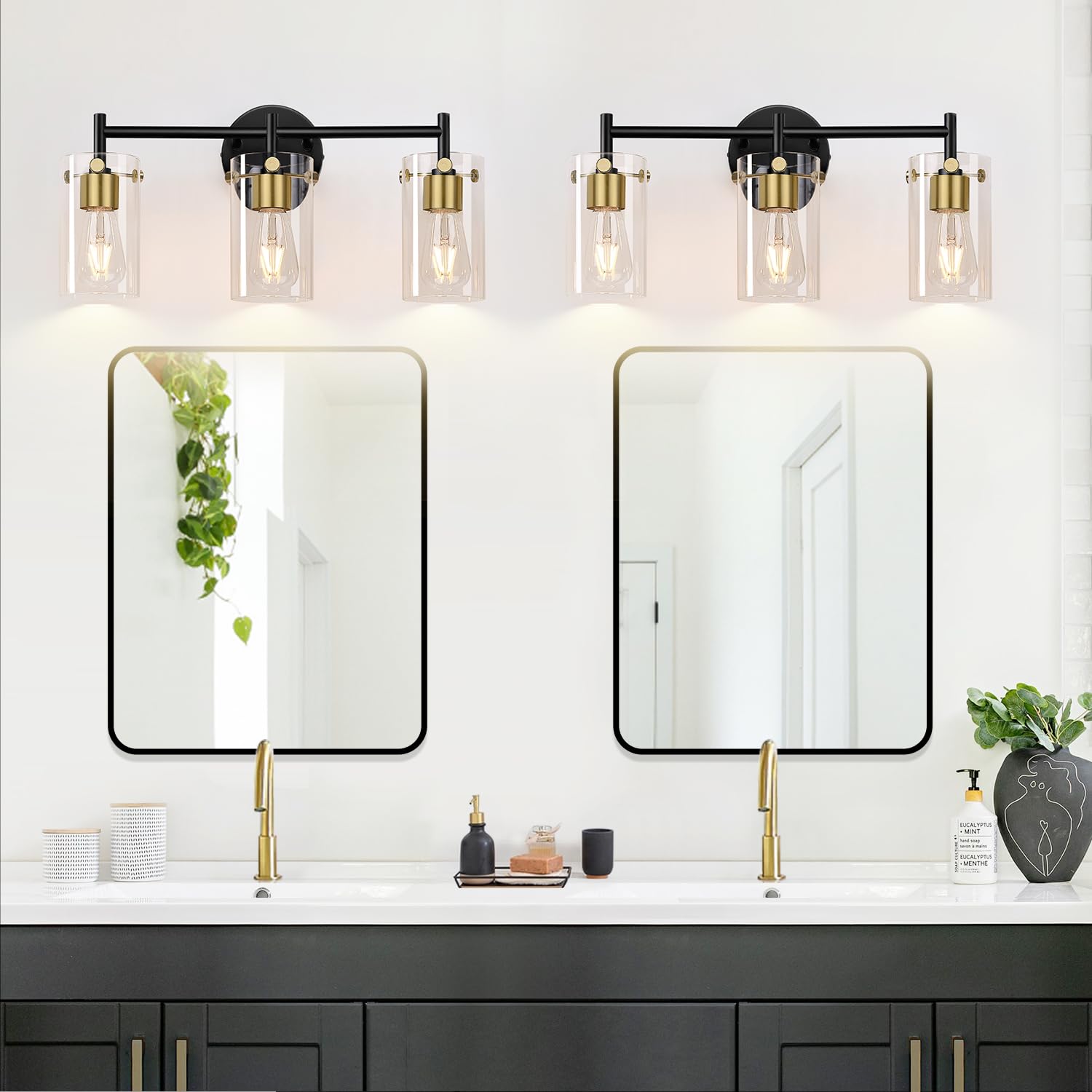 Bathroom Light Fixtures 2024 Upgrade, 3-Light Black And Gold Vanity Light, Black Bathroom Lights Over Mirror With Clear Glass Sh