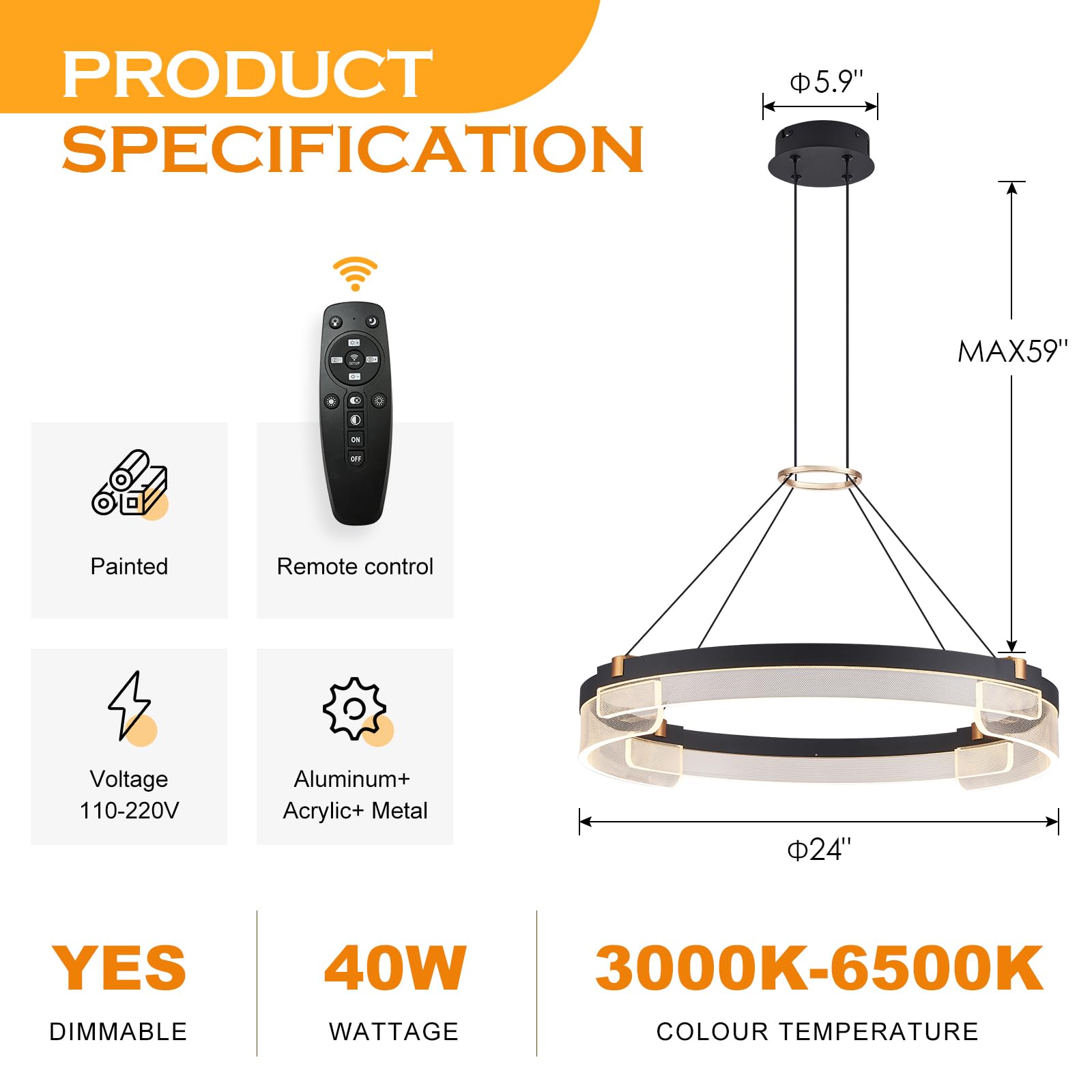 Benkut Modern Led Pendant Light, Dimmable Black Led Chandelier For Dining Room Light Fixture Over Table, 24 Inch Modern Pendant Light Kitchen Island Dining Room Living Room Entryway, 3000K-6500K