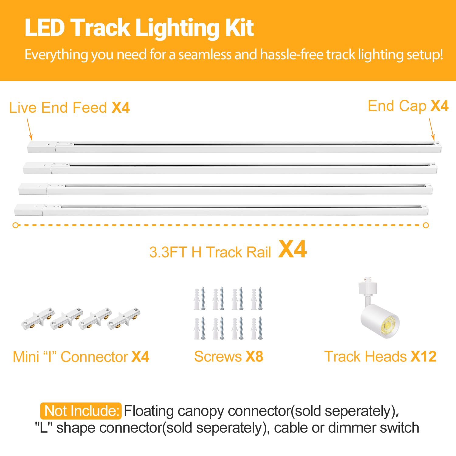 VANoopee 12-Light LED Track Lighting Kit, Dimmable, 3000K, Aluminum, White, Model ITK10W3KW12