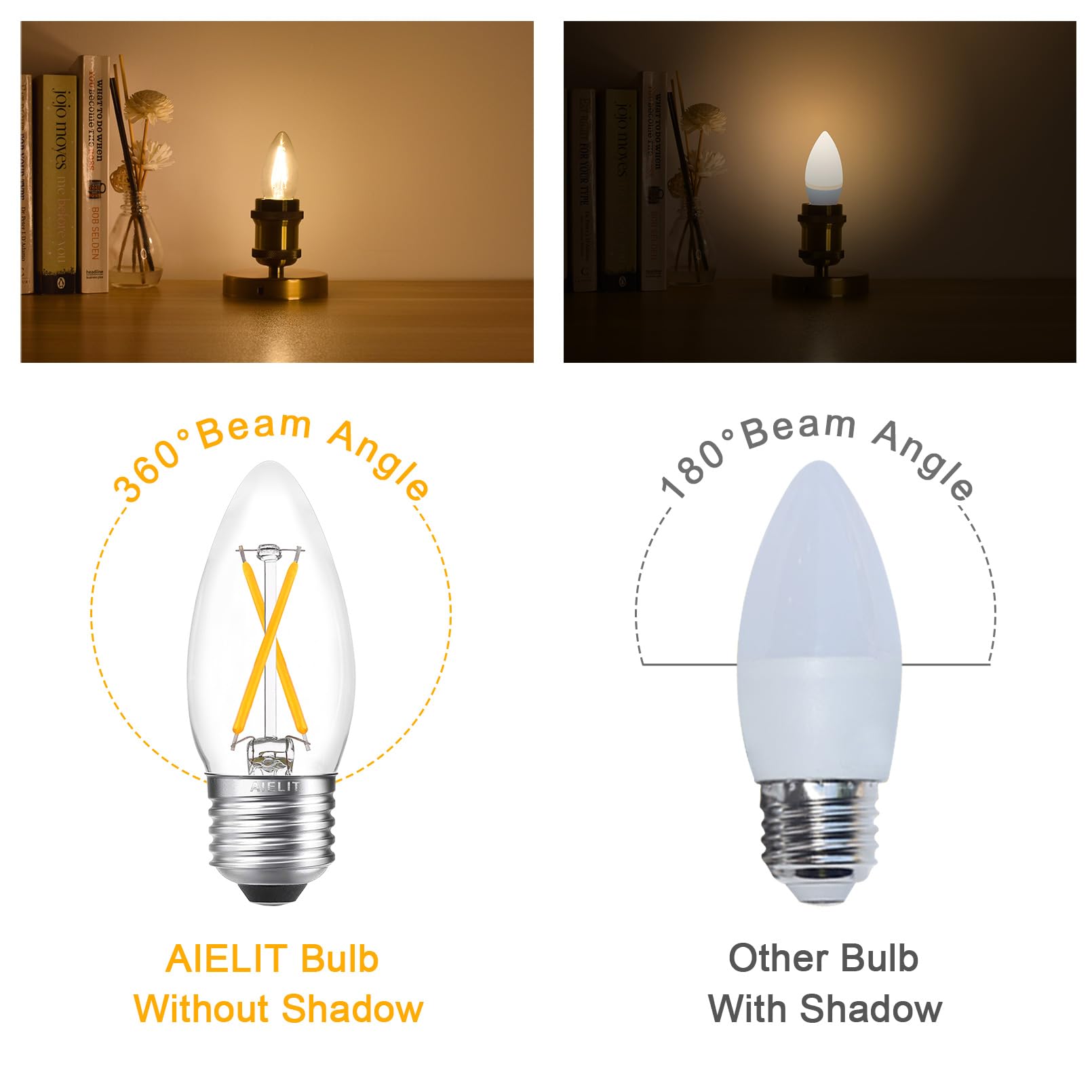 Aielit B11 Vintage E26 Led Candelabra Light Bulbs, 2W (25W Equivalent), Warm White 2700K, Clear Glass, 200 Lumens, Dimmable Led