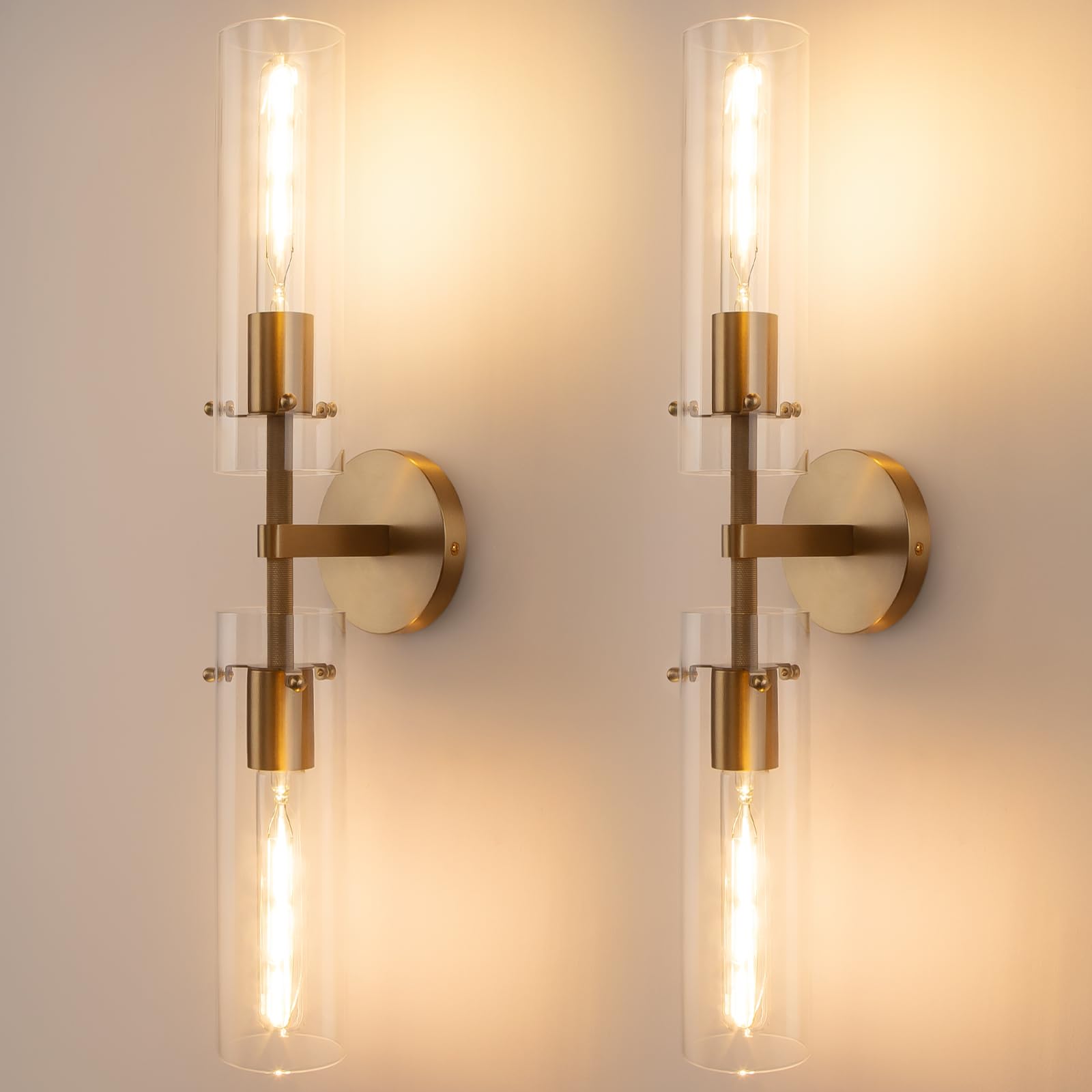 vookea Brass Gold 2-Light Knurled Wall Sconce  Dual-Head Vanity Lamp Set of Two with Clear Glass Tube  Bathroom Wall Sconces  Wall Lights for Living Room Bedroom Hallway Kitchen Bathroom Mirror