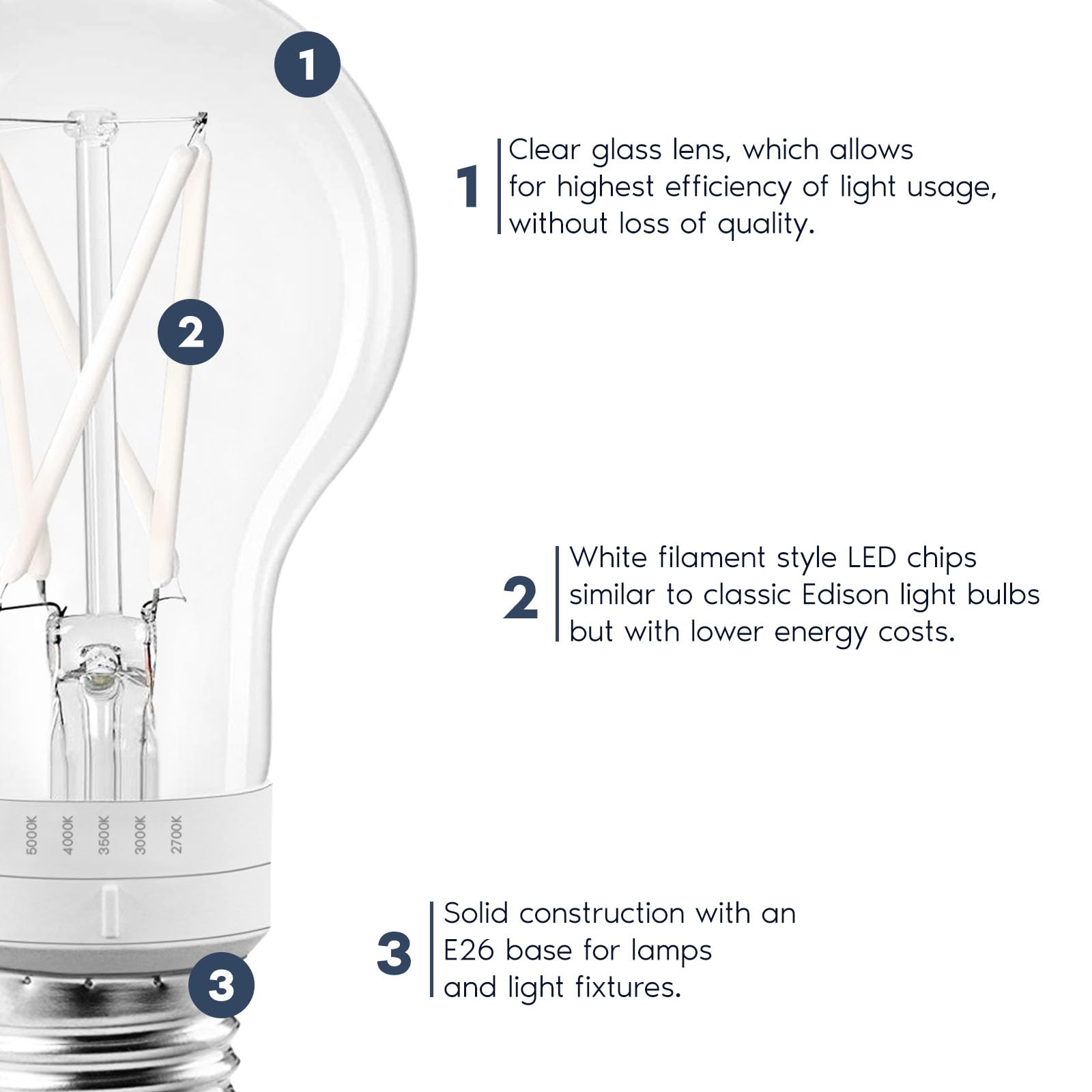 Luxrite Vintage A19 Led Light Bulb 60 Watt Equivalent, 5Cct 2700K 3000K 3500K 4000K 5000K, Dimmable, 800 Lumens, White Filament