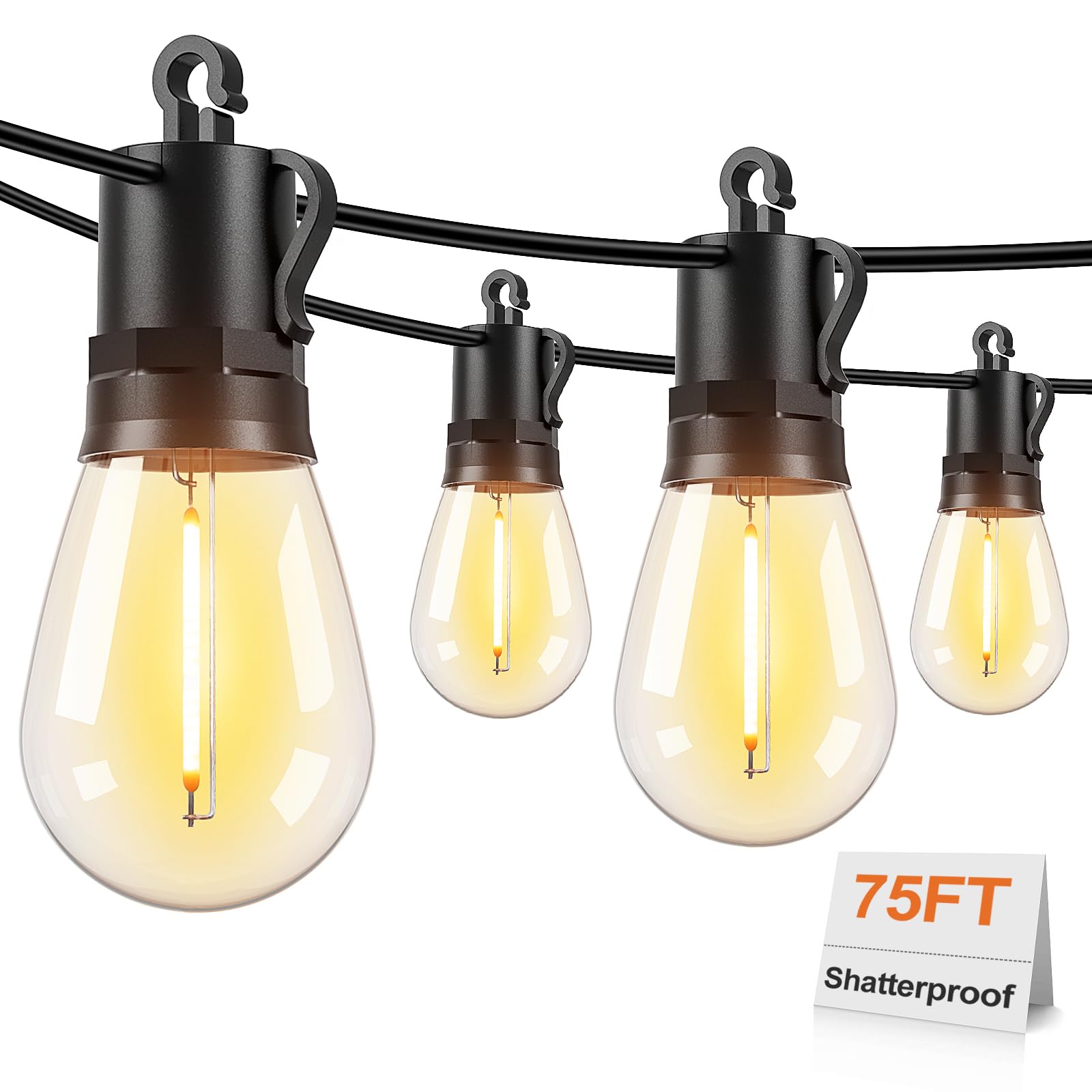 Brightever LED Outdoor String Lights, 75FT, 26 Shatterproof Bulbs, 2700K Warm White, Waterproof, Model CMC-O241